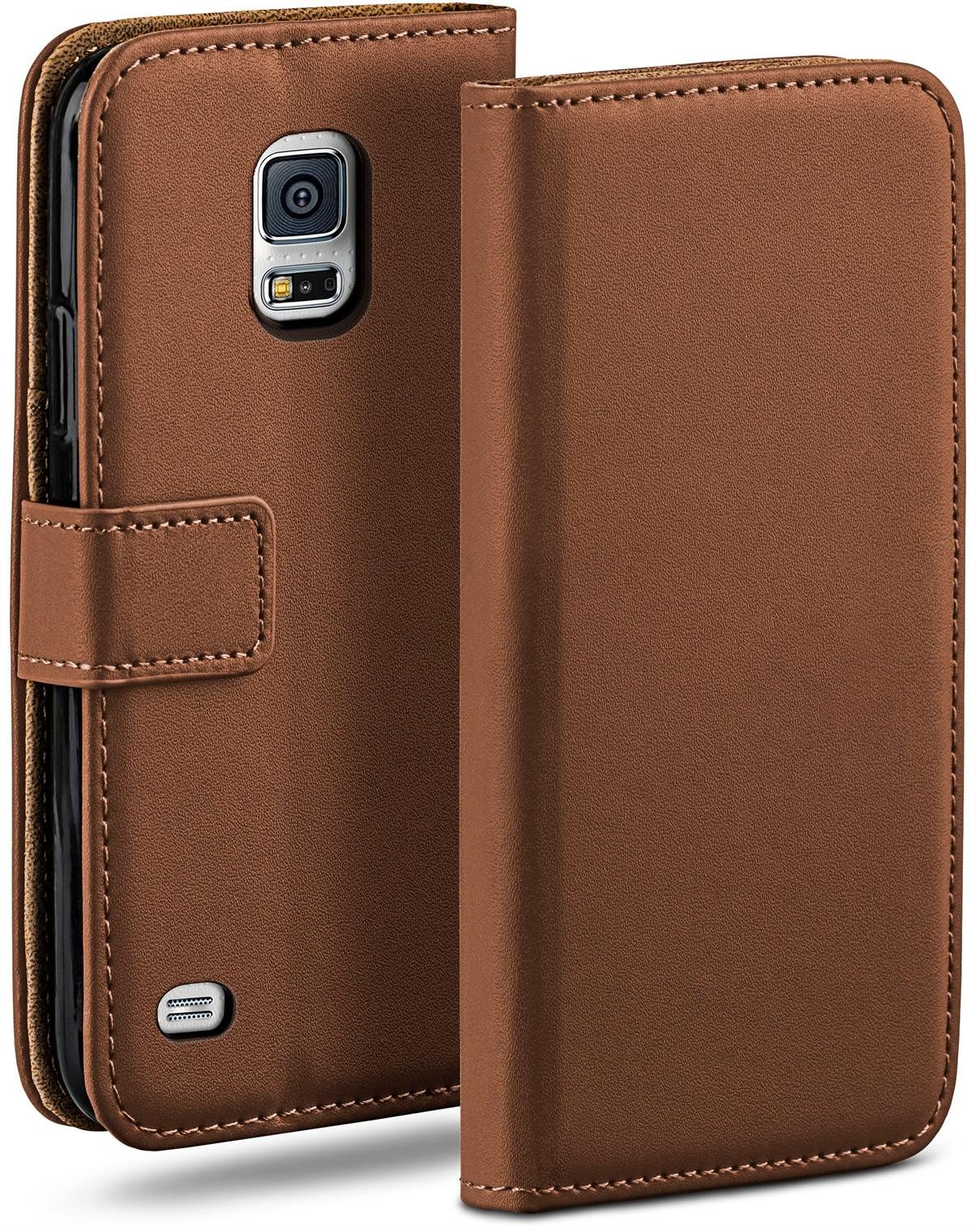 moex Handyhülle für Samsung Galaxy S5 Mini Hülle Klappbar Book Case Sattelbraun 4,5 Zoll, Klapphülle Kartenfach Flip Cover Handytasche Leder Optik Schutzhülle