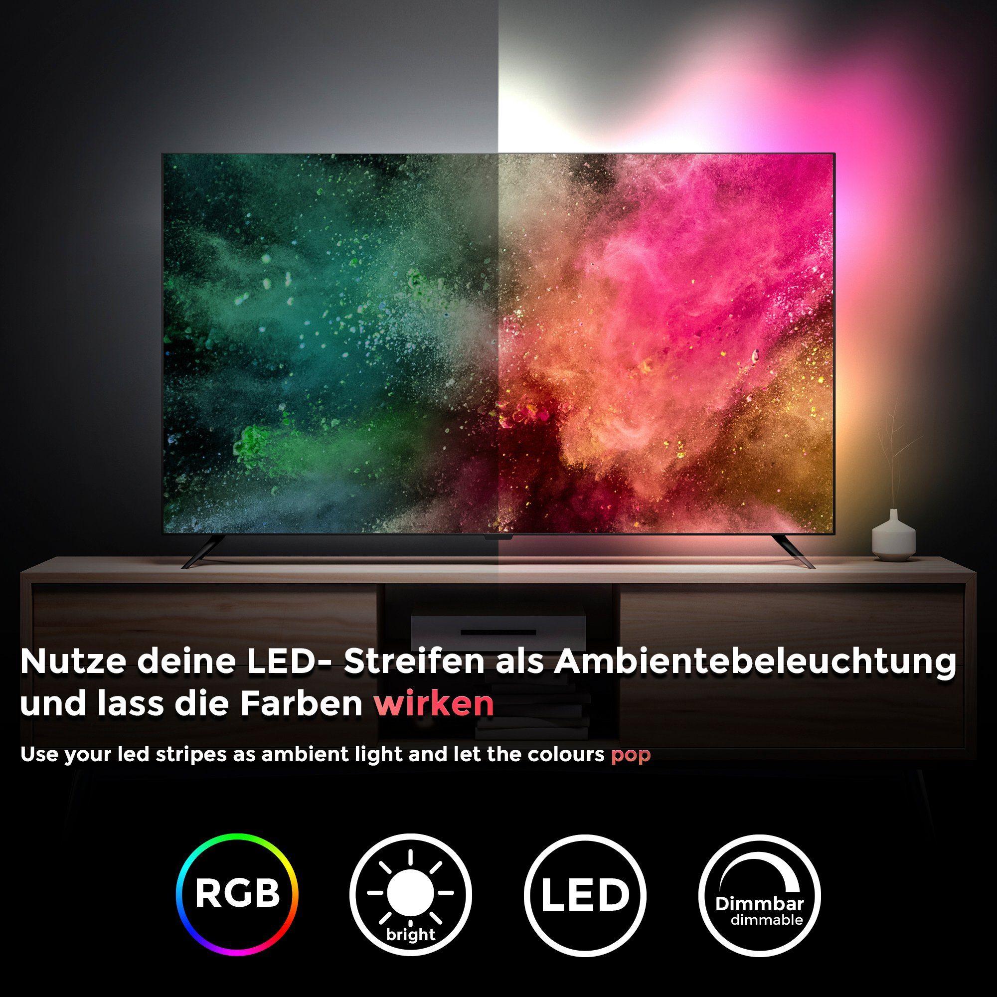 RGB, LED-Strip, 40-50 LED Zoll, BK_LS1231 USB, 36-flammig, TV mit für meter, mit Farbwechsel, Bildschirme Selbstklebend B.K.Licht Fernbedienung, Mit Stripe 2