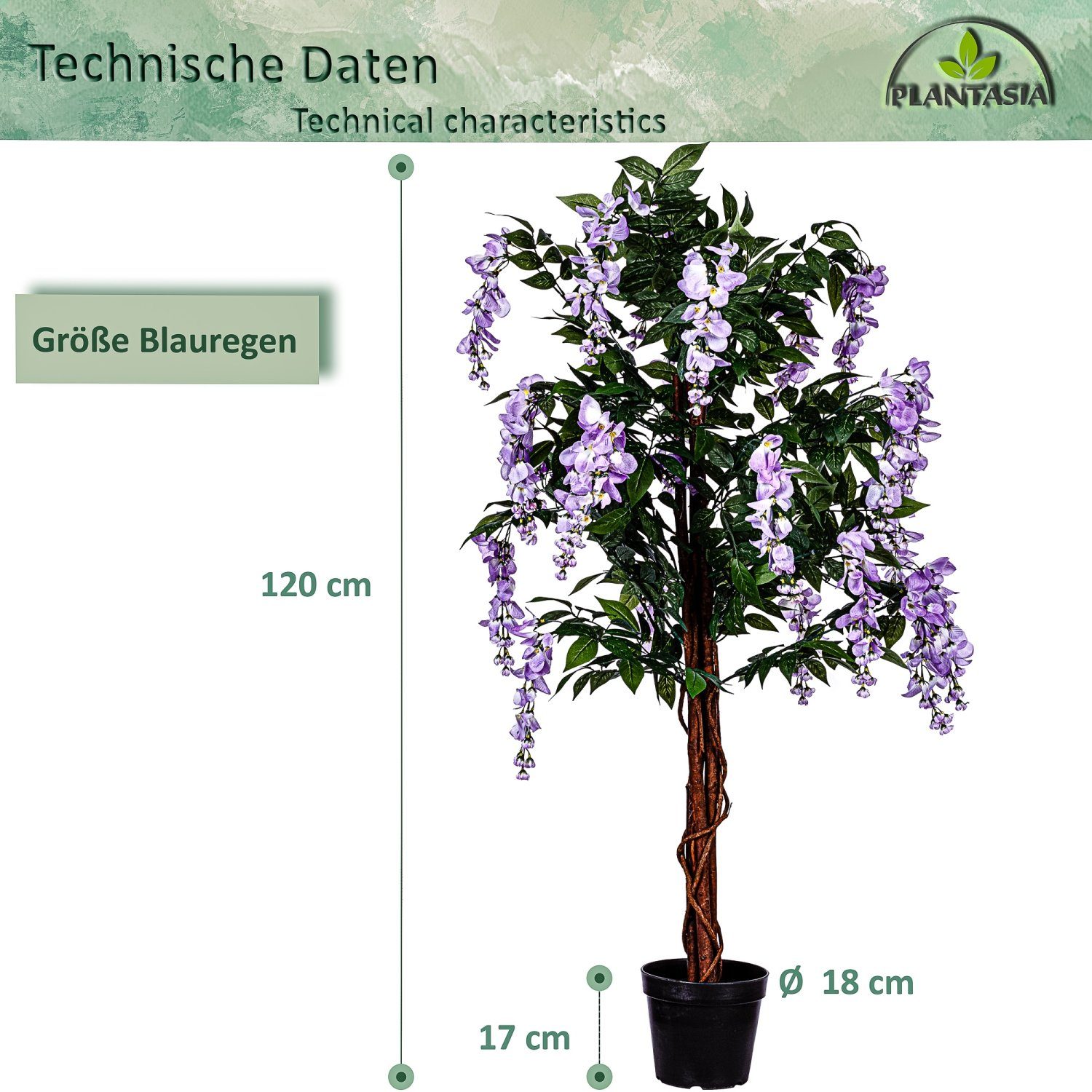 Blüten Wisteriabaum, Kunstpflanze Blätter, Blauregen Höhe 756 Baum Wisteria Kunstbaum PLANTASIA, Violette cm, Künstlicher Echtholzstamm, 120,00