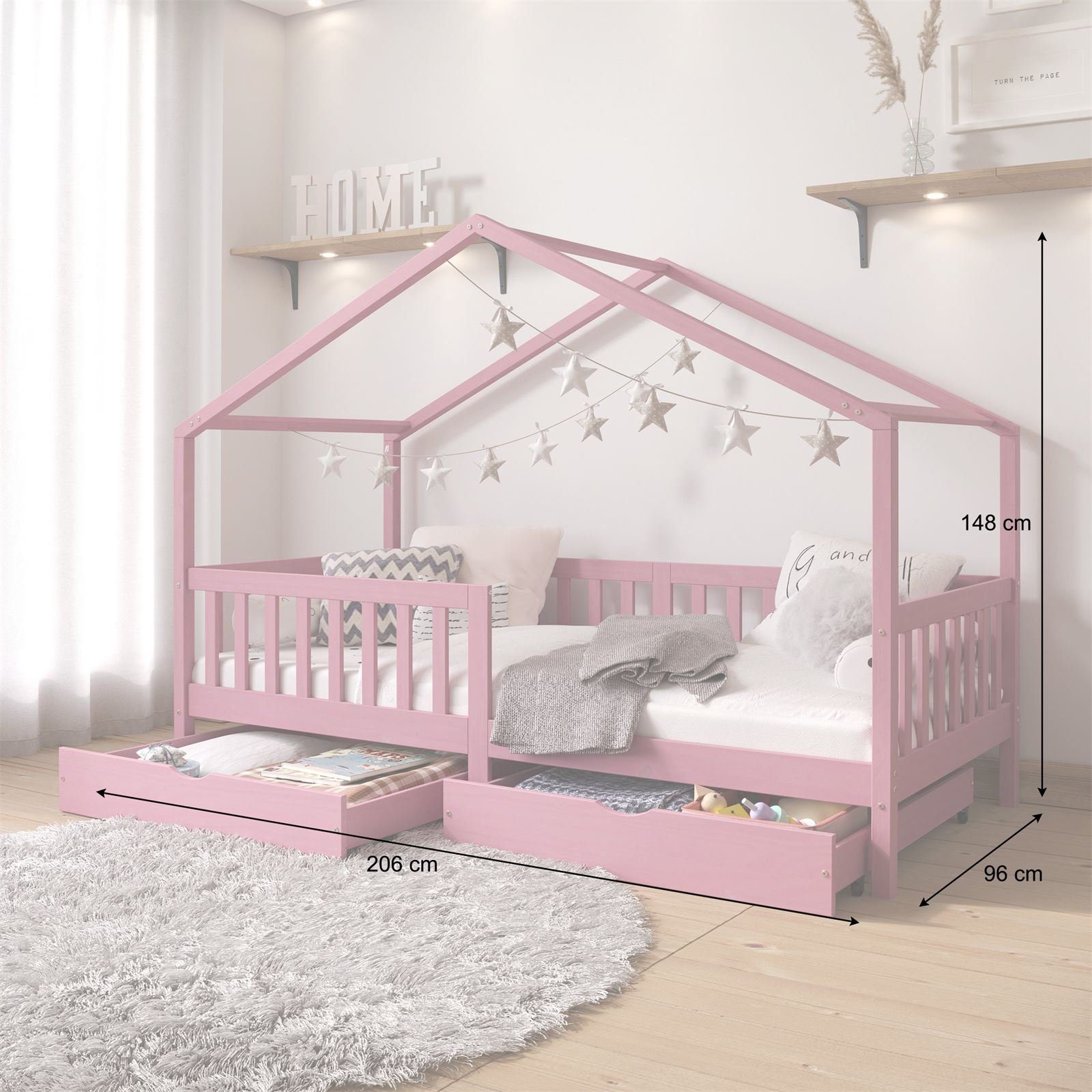 Tipibett rosa x Kinderbett 200 90 ELEA, Hausbett Schubladen Kinderbett Rau Montessori Kiefer IDIMEX
