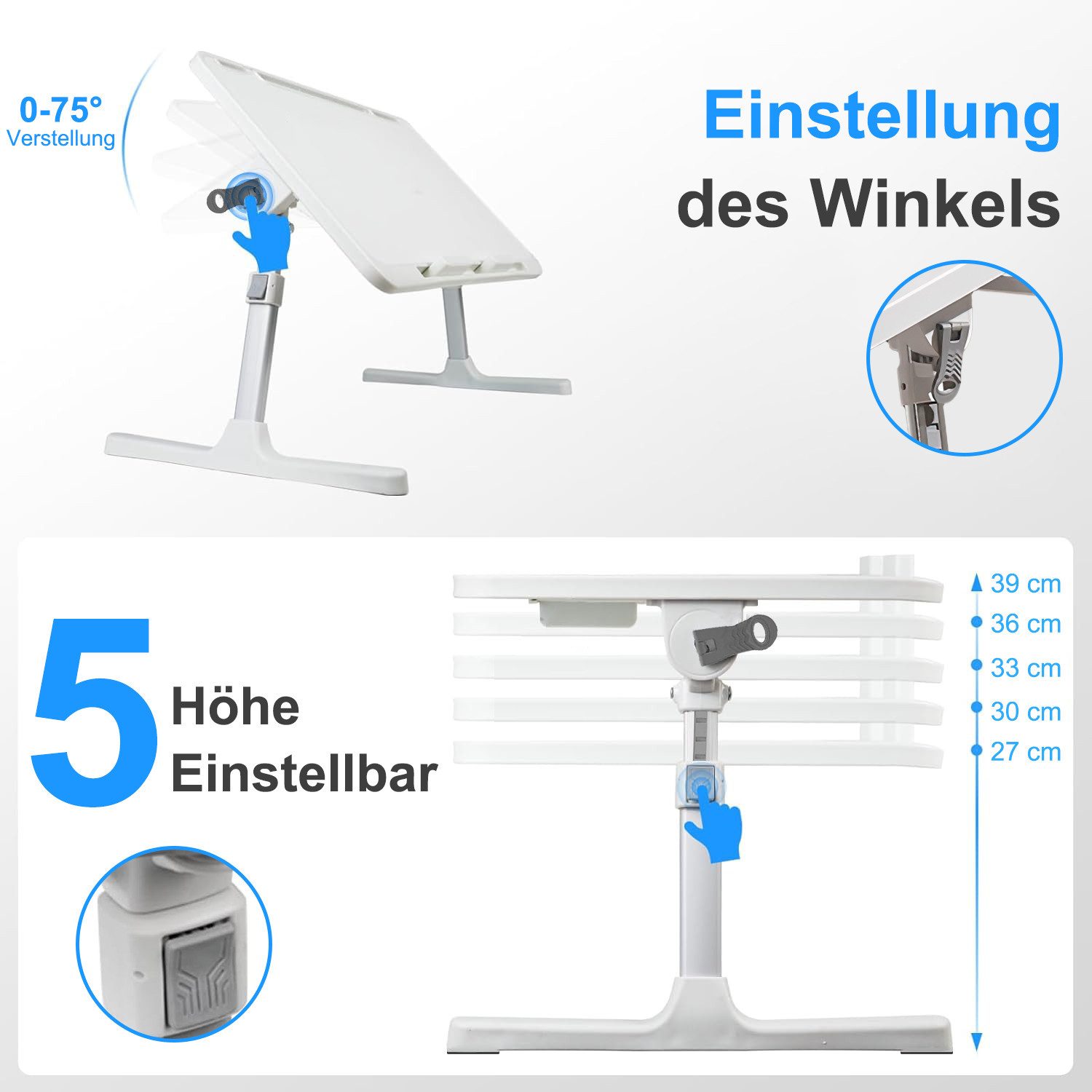 SURFOU Laptoptisch Tisch Laptop Bett Laptopständer Tablett mit Füßen 40 x 60cm (Ausklappbar mit Schublade Klappbarer Lapdesk), Höhenverstellbar mit 5 Einstellba – Bild 5 von 5