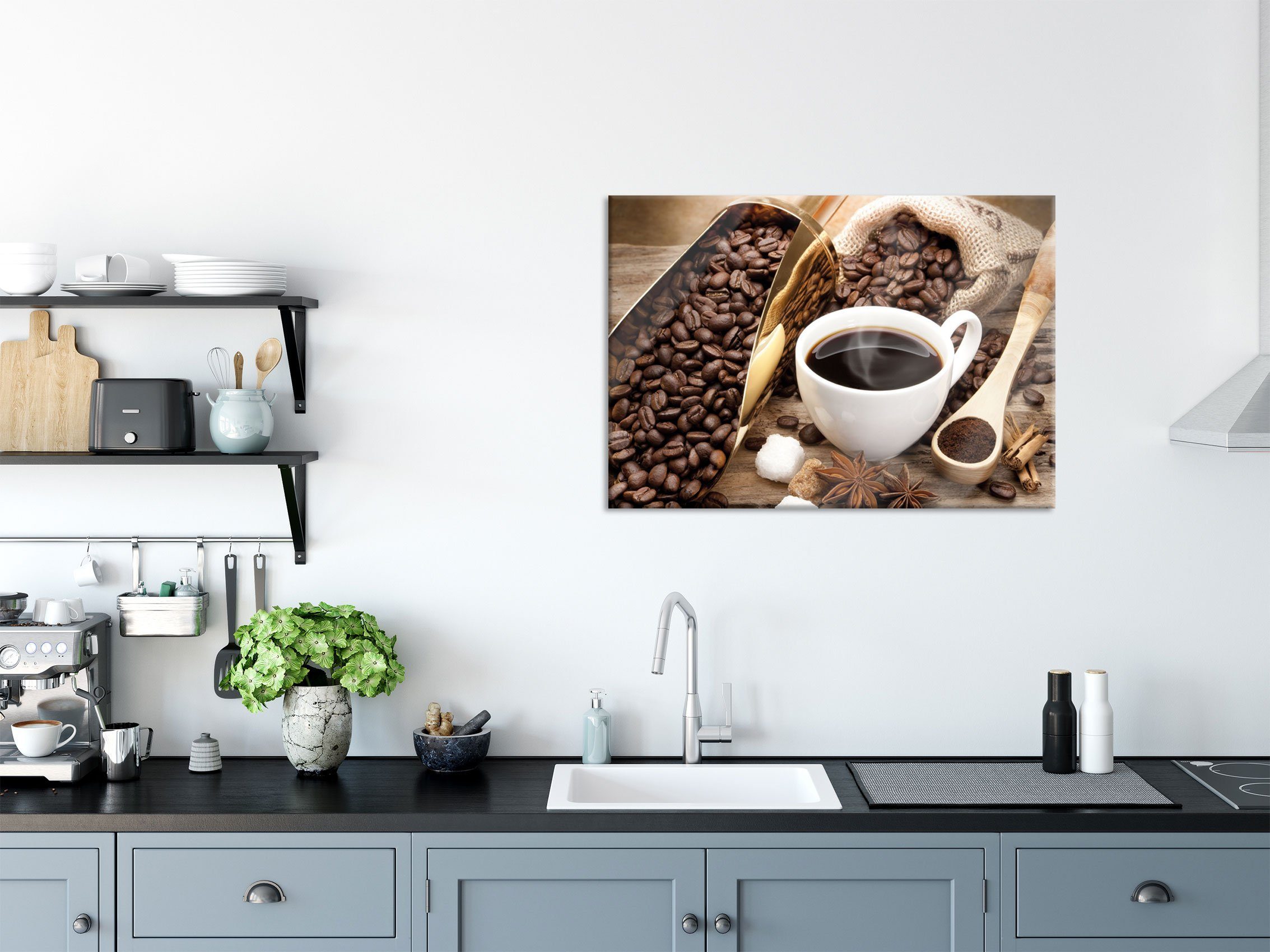 Pixxprint Glasbild Edler Kaffee und Kaffeebohnen, Edler Kaffee und Kaffeebohnen (1 St), Glasbild aus Echtglas, inkl. Aufhängungen und Abstandshalter