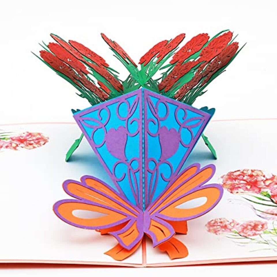 Geschenkkarte 3D Pop Up Roter Blumenstrauß mit natürlichem Blumendesign
