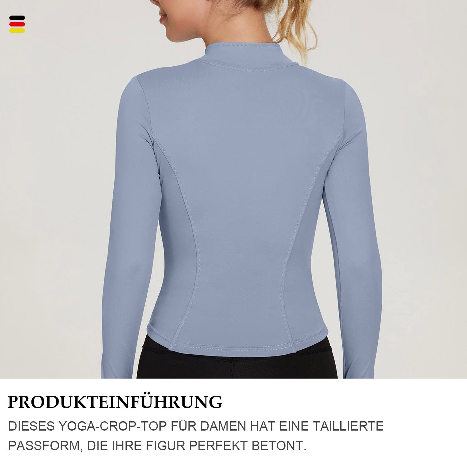 blau und Damen Top Funktionsshirt Sweatshirt, T-Shirt Leichtes Stehkragen Fitness mit Reißverschluss Top Sport MAGICSHE