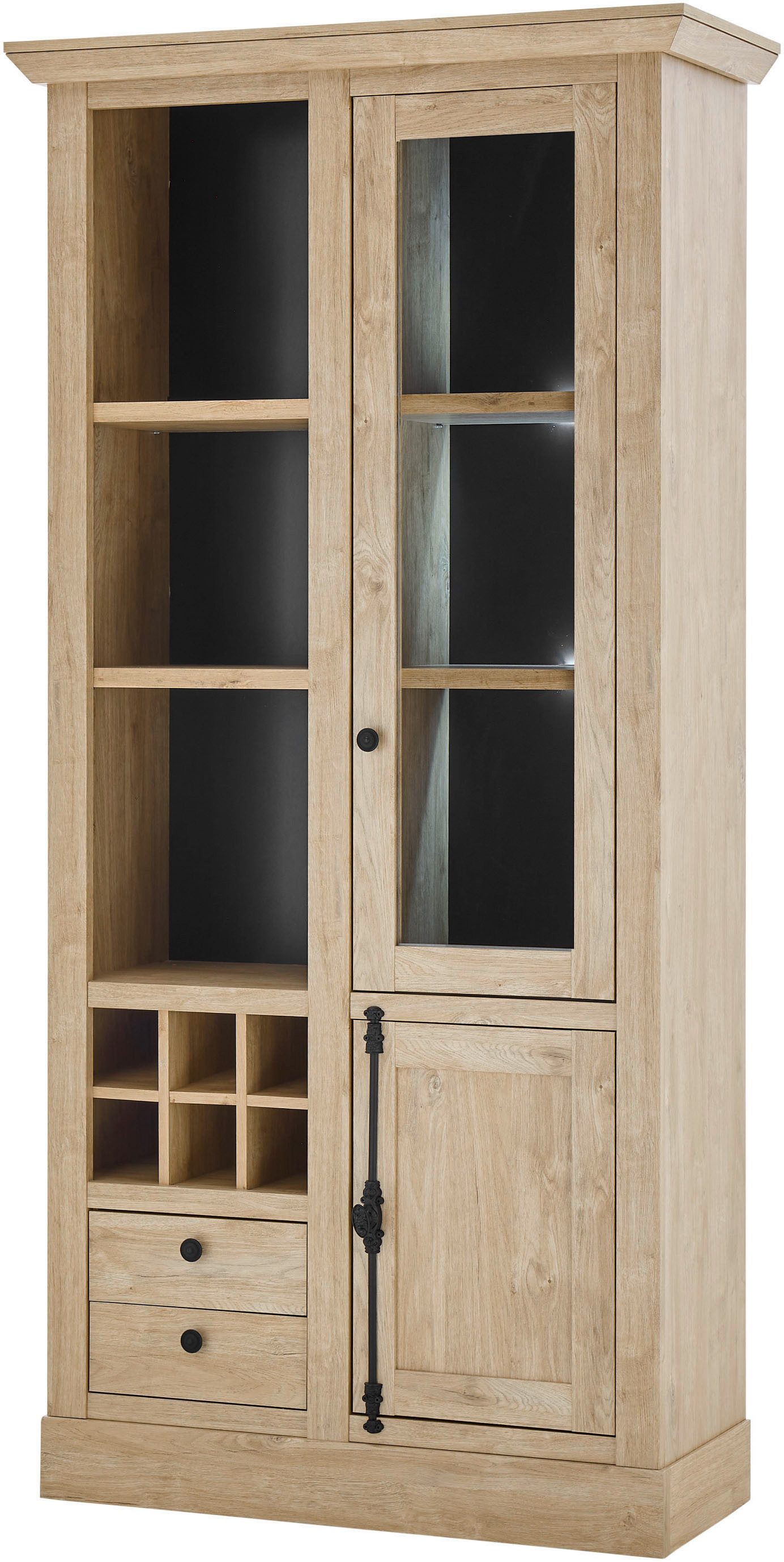 Home affaire Vitrine Cornwall, Hochschrank im Landhausstil, Glasvitrine, Eiche Dekor (1-St) Metallgriffe, 105 cm breit, viel Stauraum, in zwei Größen verfügbar