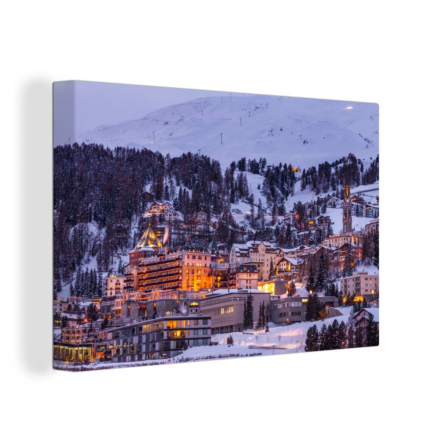 OneMillionCanvasses® Leinwandbild Bergdorf in der Schweiz im Winter, (1 St), Wandbild Leinwandbilder, Aufhängefertig, Wanddeko, 30x20 cm
