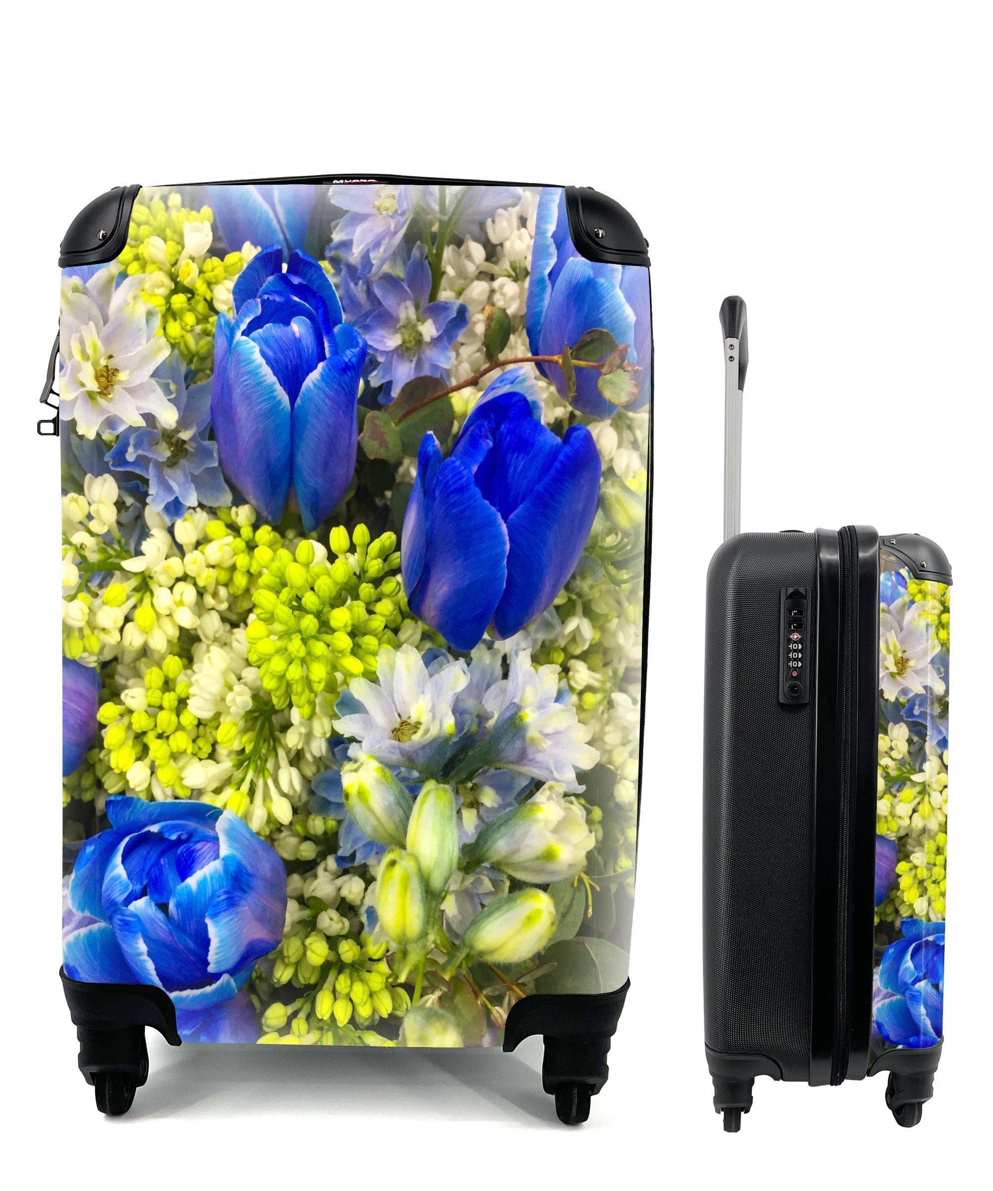 MuchoWow Handgepäckkoffer Blumenstrauß aus blauen Tulpen, 4 Rollen, Reisetasche mit rollen, Handgepäck für Ferien, Trolley, Reisekoffer | Handgepäck-Koffer