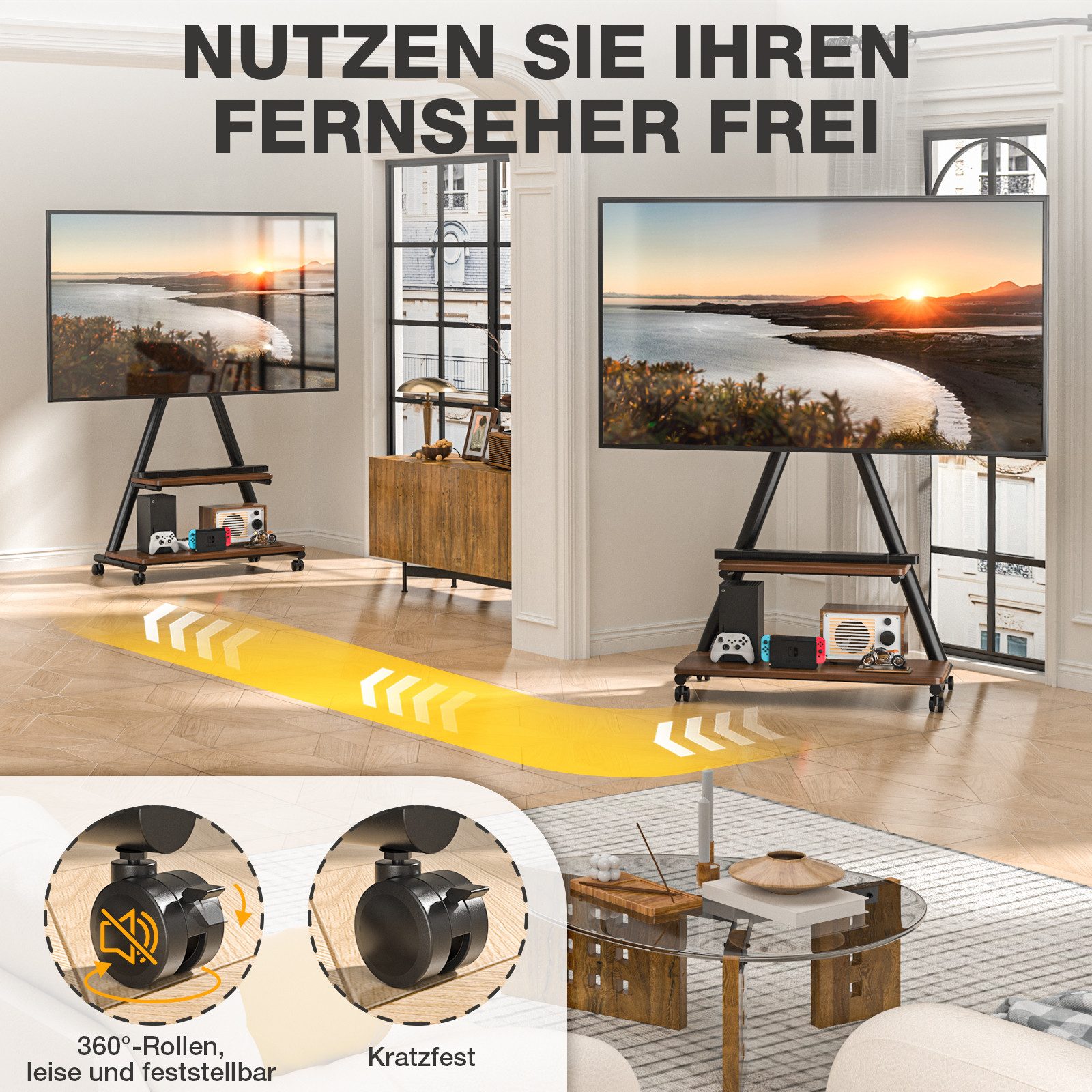 TVON TV-Ständer Rollständer für Fernseher Höhenverstellbar für 32-80 Zoll Fernseher, (bis 80 Zoll, 1-tlg., bis zu 68 KG Max. VESA 600 x 400 mm)