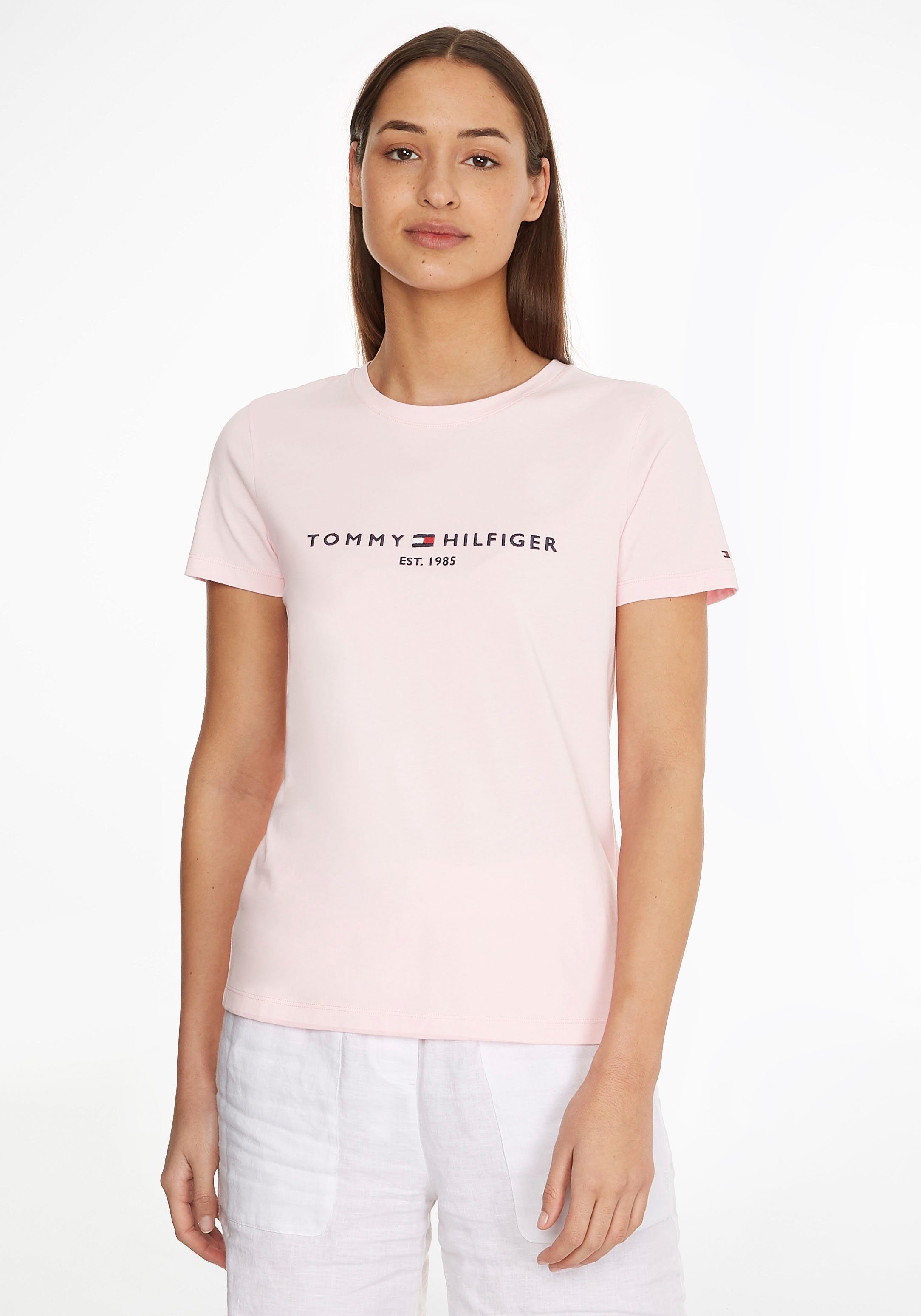 Tommy Hilfiger Rundhalsshirt Logo-Schriftzug HILFIGER mit C-NK TH Hilfiger ESS Tommy REG Linear SS Pastel Pink TEE