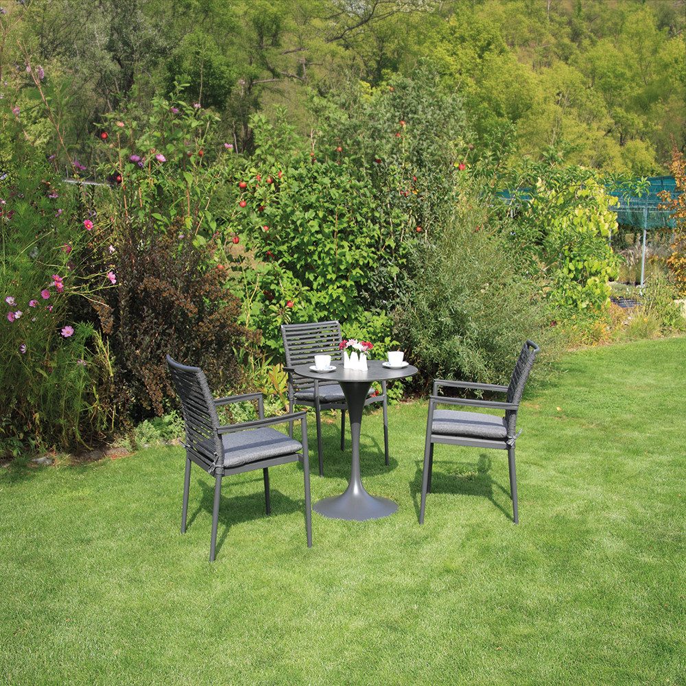 acamp Gartenlounge-Set Gartenset Aluminium 4tlg mit 3 Sesseln und rundem Tisch, (Stapelbare Sessel mit Sitzkissen atmungsaktiv und wetterfest), Sessel pulverbeschichtet mit HPL Tischplatte Ø70 cm
