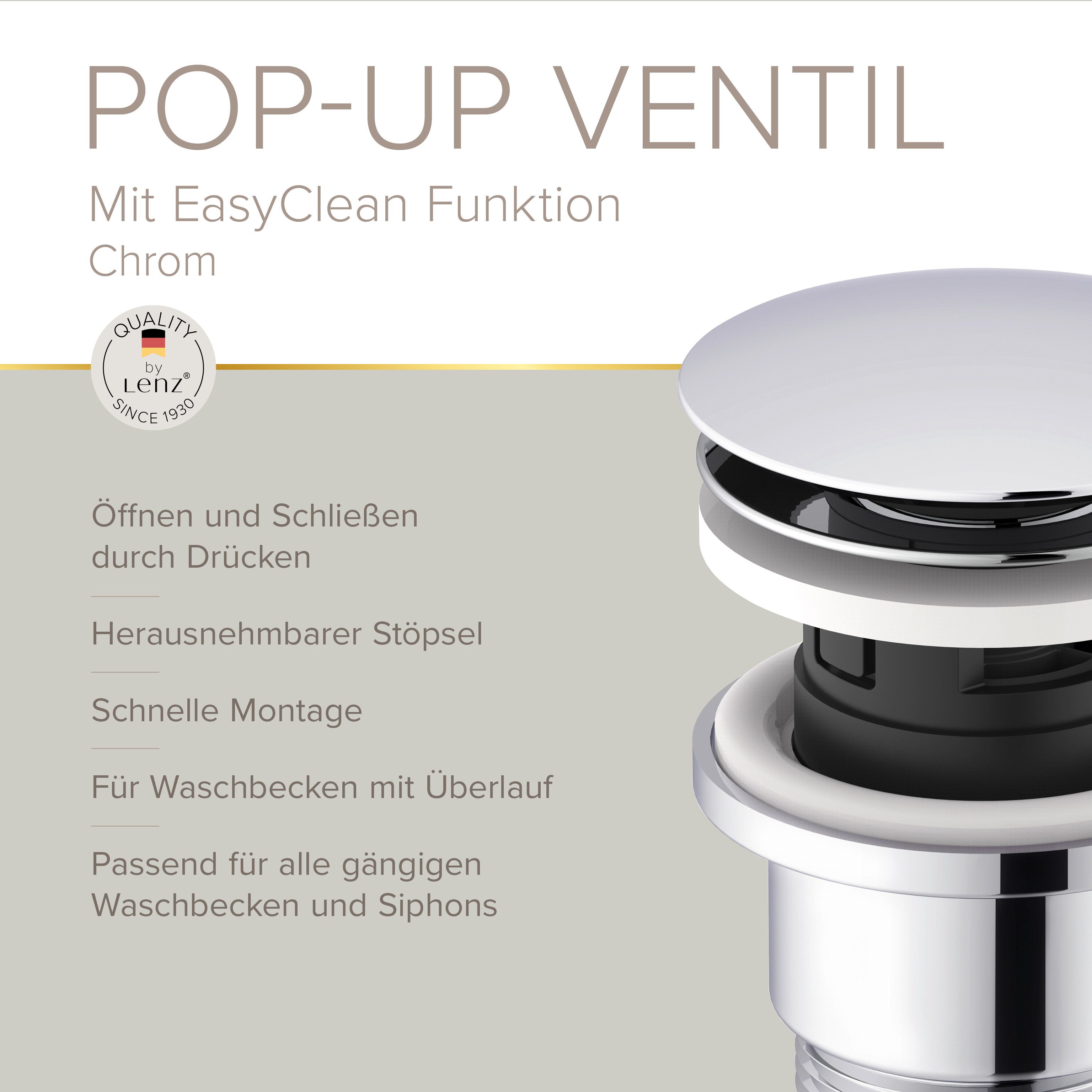 Lenz Waschbeckenstöpsel Easy Clean Pop-Up-Ventil, Waschbeckenstopfen