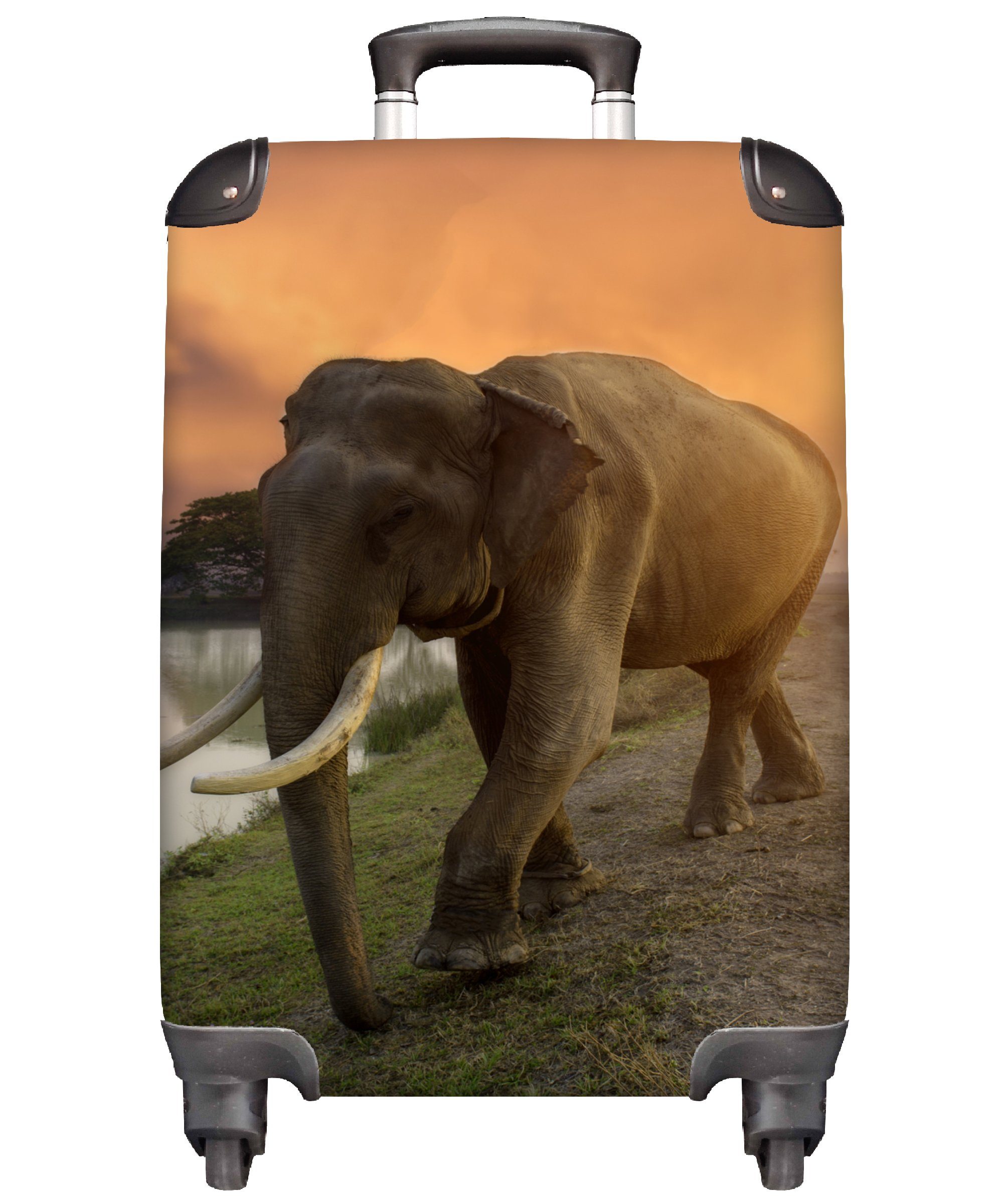 MuchoWow Handgepäckkoffer Elefant - Wasser - Tiere - Sonnenuntergang - Natur, 4 Rollen, Reisetasche mit rollen, Handgepäck für Ferien, Trolley, Reisekoffer