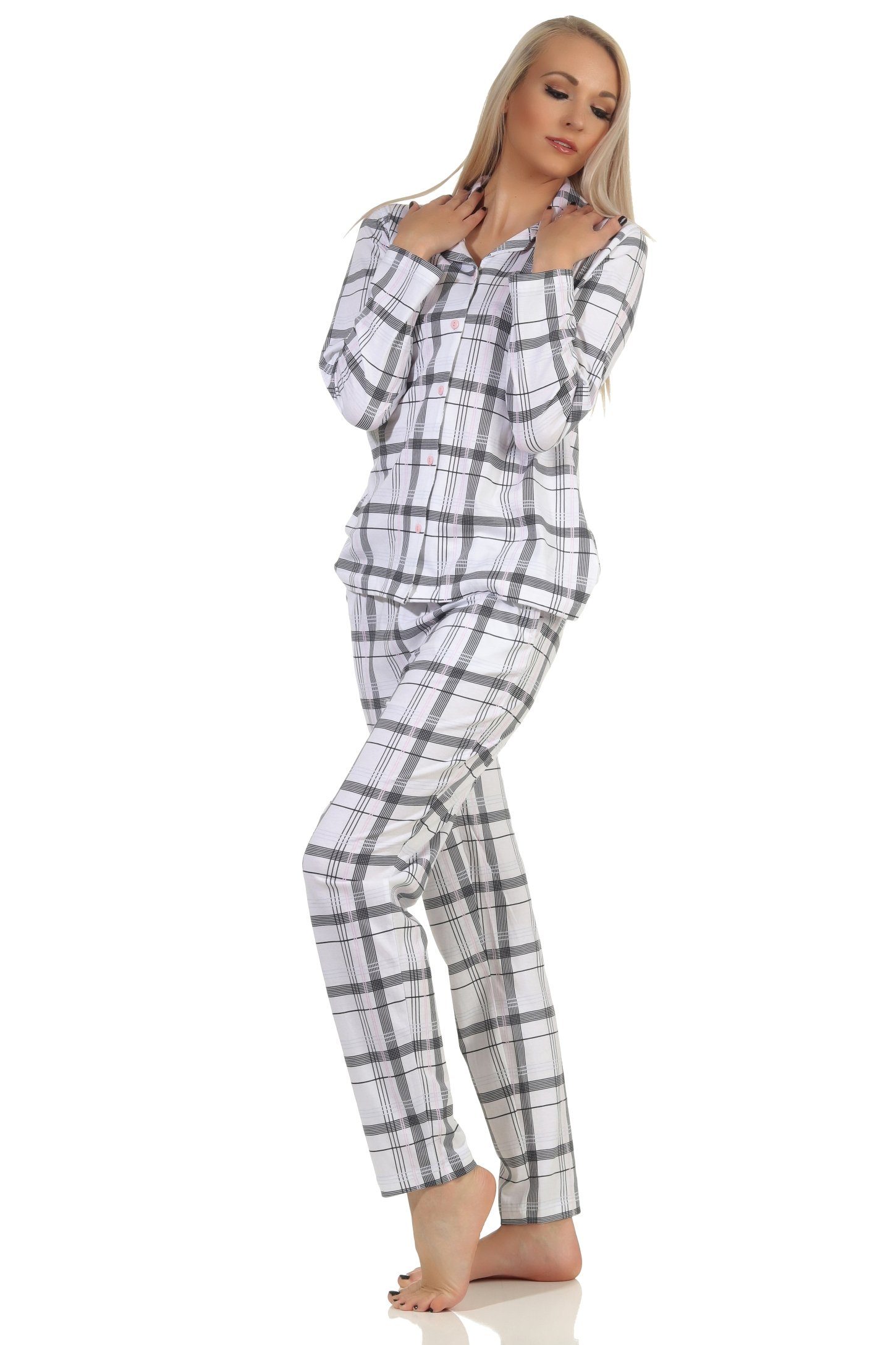 in Schlafanzug Normann Optik Pyjama durchknöpfen Damen Karo in Jersey zum Qualität