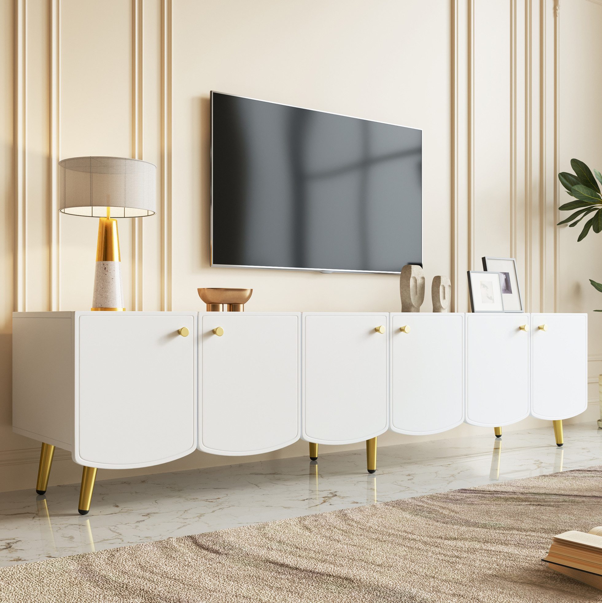 OKWISH TV-Schrank Stylisches 180 cm TV-Lowboard (mit sechs Türen, stabilem Metallgestell in Gold, großzügigem Stauraum und hochwertiger Spanplatten-Konstruktion, 1-St., B180 /D40 /H45 cm)