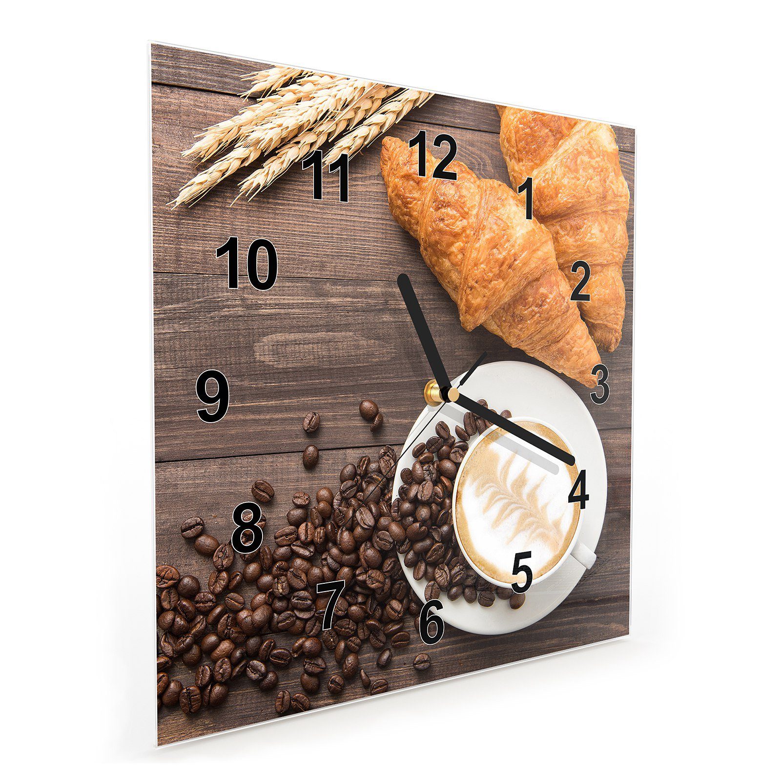 Kaffee 30 30 Wanduhr x und mit Primedeco Glasuhr Größe Croissant Motiv Wandkunst Wanduhr cm