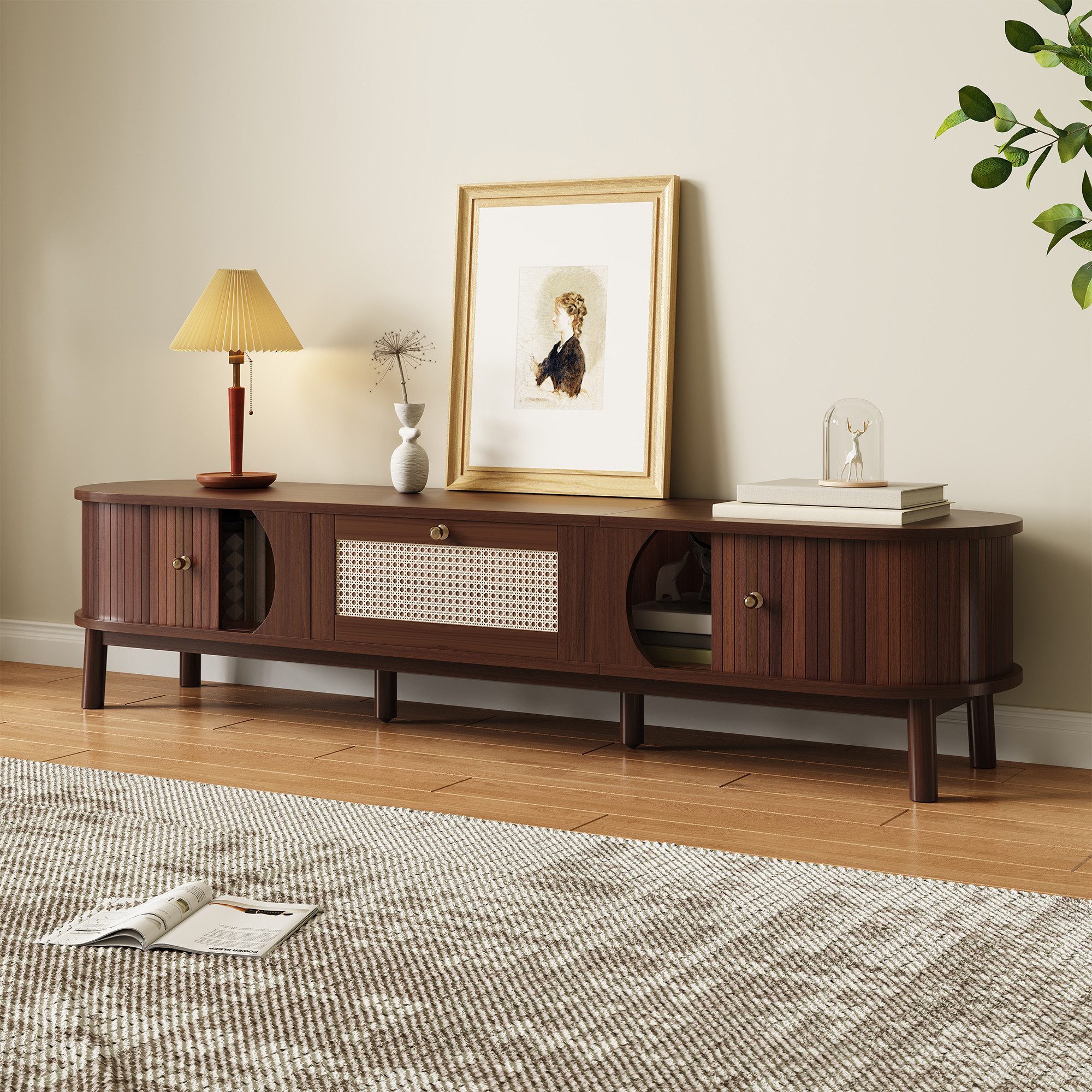Merax Lowboard mit Schiebetüren und Rattan-Schubladen (1 St., 170 x 39,5 x38cm), Fernsehschrank Landhaus TV-Ständer mit Naturholzlamellen & Stauraum – Bild 5 von 5