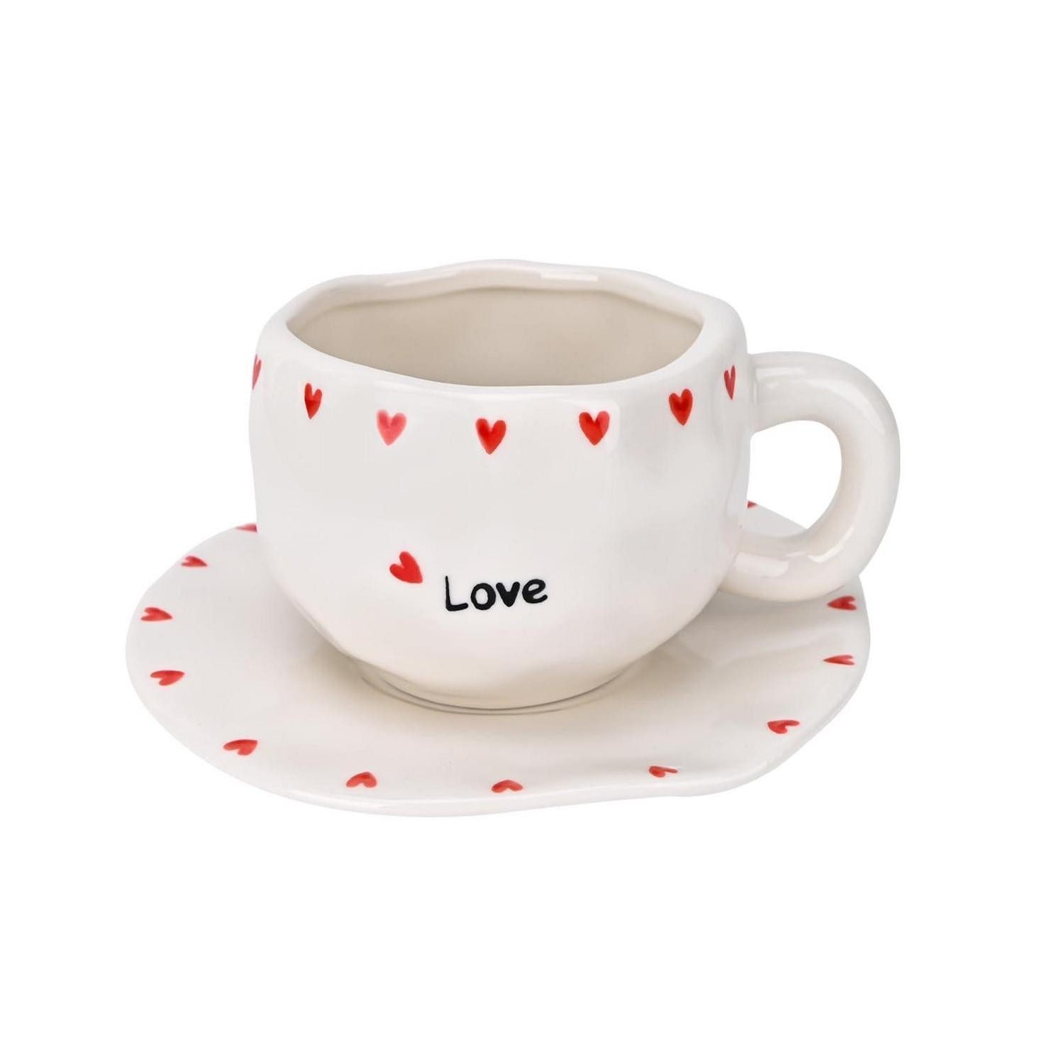 LuxusKollektion Tasse Kaffeetasse mit Untersetzer Set Herzdesign 300ml, Keramik