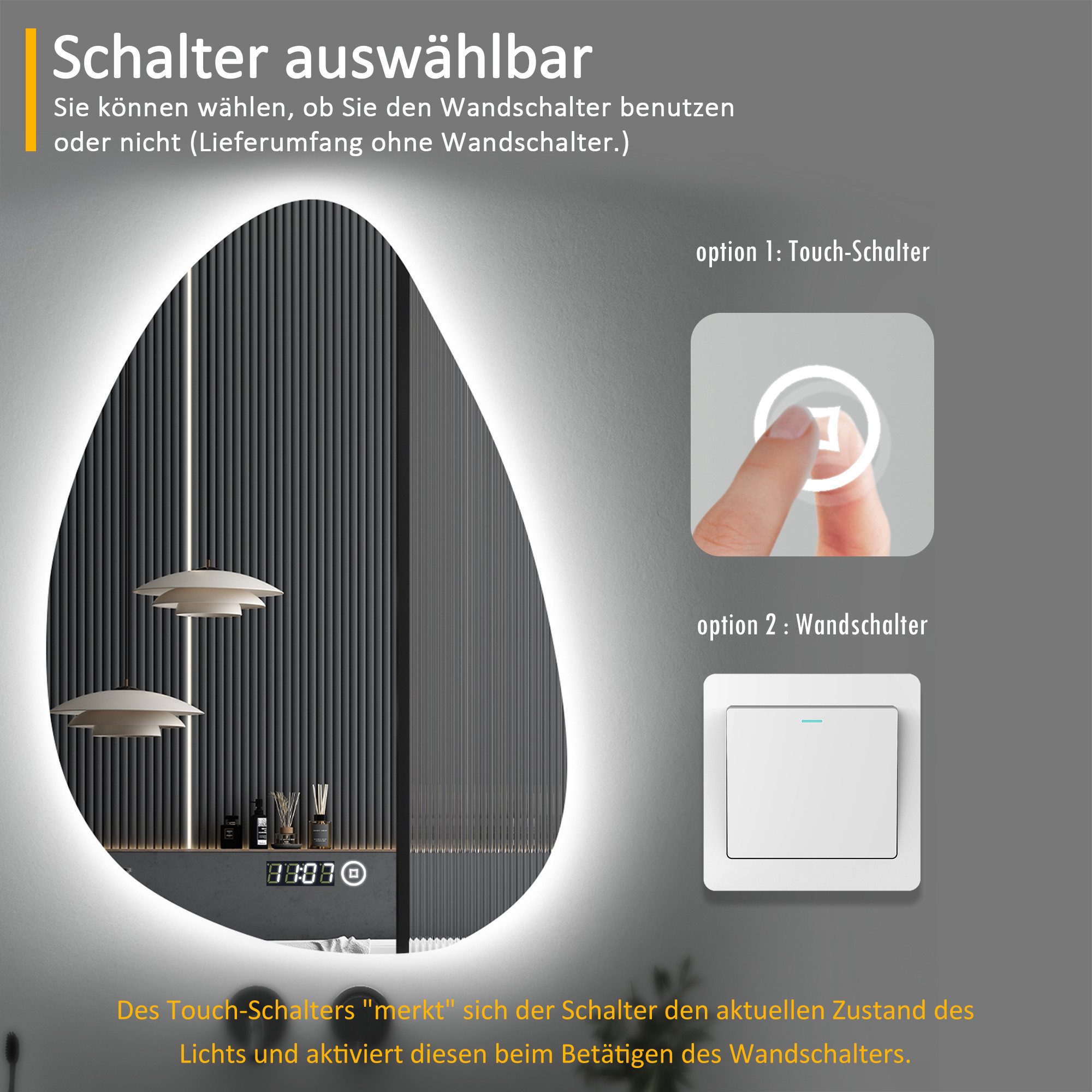 WDWRITTI Badspiegel Badezimmerspiegel mit Beleuchtung Wandspiegel Led Touch Wandschalter (Spiegel Bad, 3Lichtfarben, Memory, Helligkeit dimmbar), 3000K/4000K/65 – Bild 4 von 5