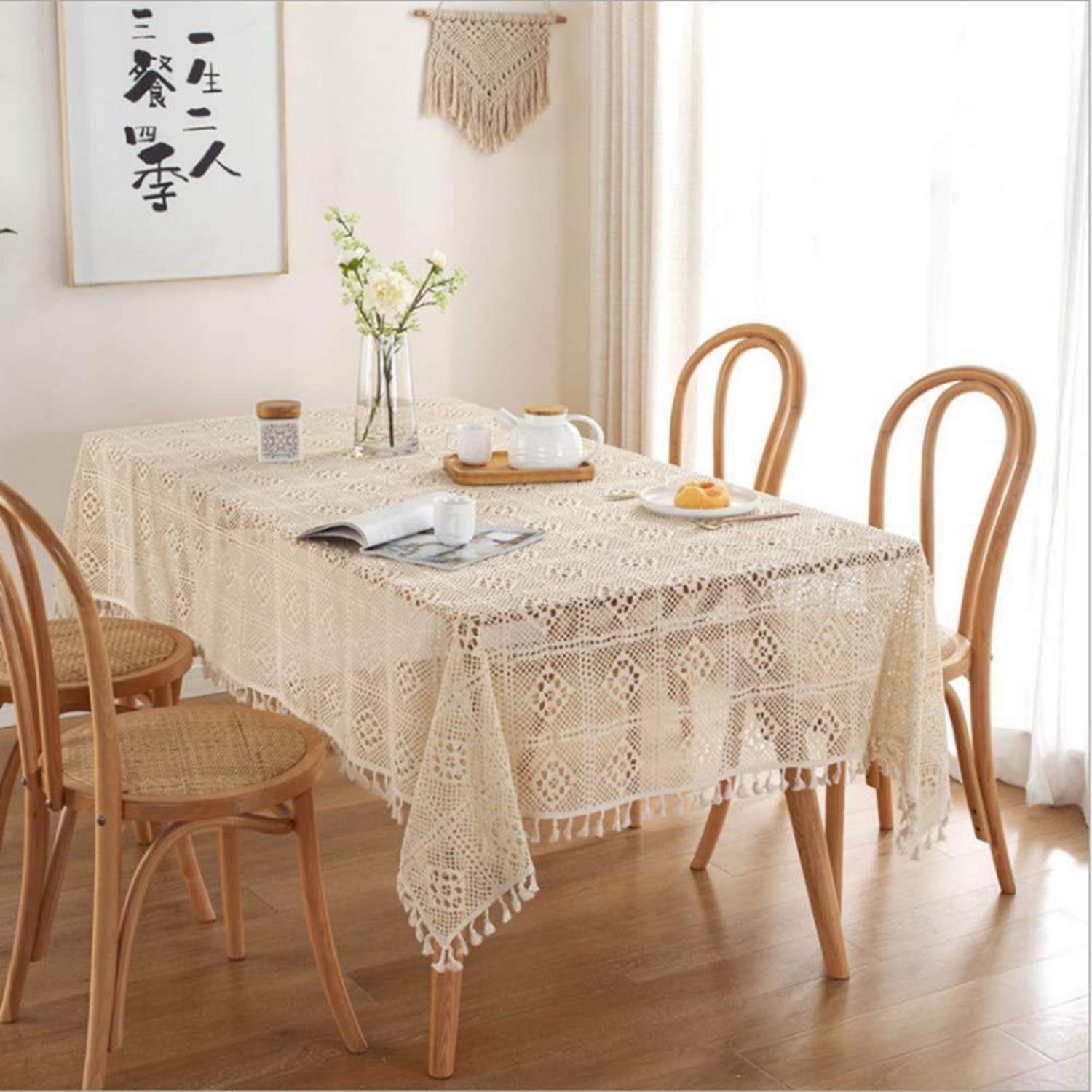 LuxusKollektion Tischdecke Gehäkelte Tischdecke Rechteck Beige 140x220cm (1-tlg)