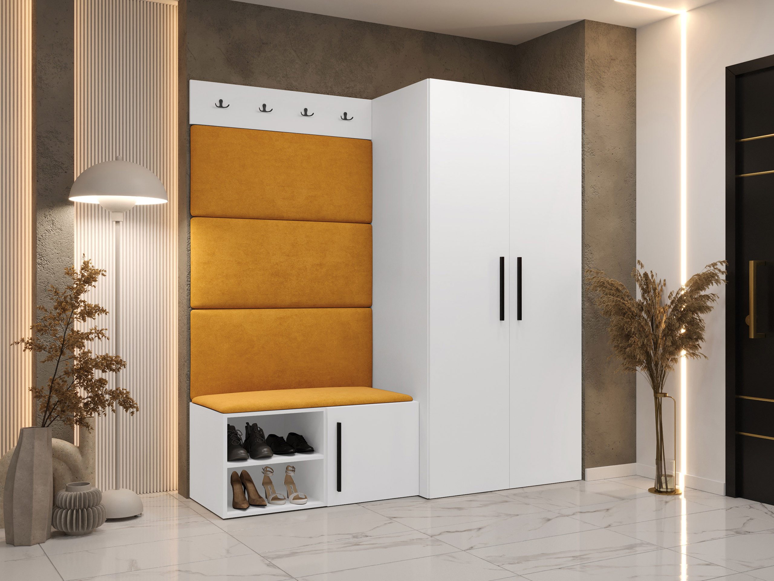 MIRJAN24 Garderoben-Set Medi I, (Drehtürenschrank, Schuhschrank, 4x Paneel 84x42), Kleiderstange, 4 Kleiderhaken für Kleidung