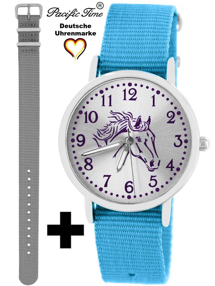 Pacific Time Quarzuhr Set Kinder Armbanduhr Pferd violett Wechselarmband, Mix und Match Design - Gratis Versand grau und hellblau