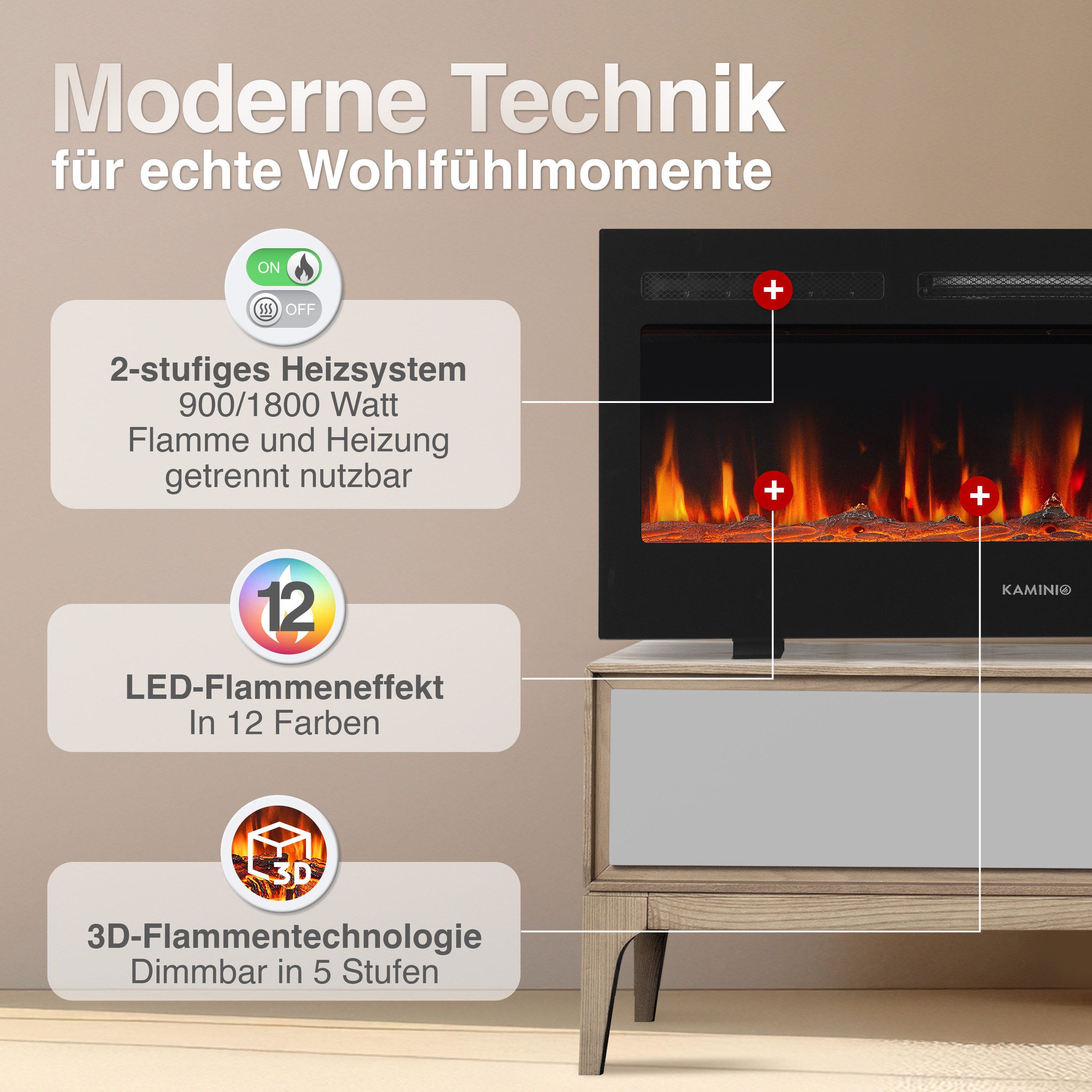 KAMINIO Elektrokamin MARLON, 3in1 Kamin: Elektrischer Stand-, Wand- und Einbaukamin, Heizung 1800W