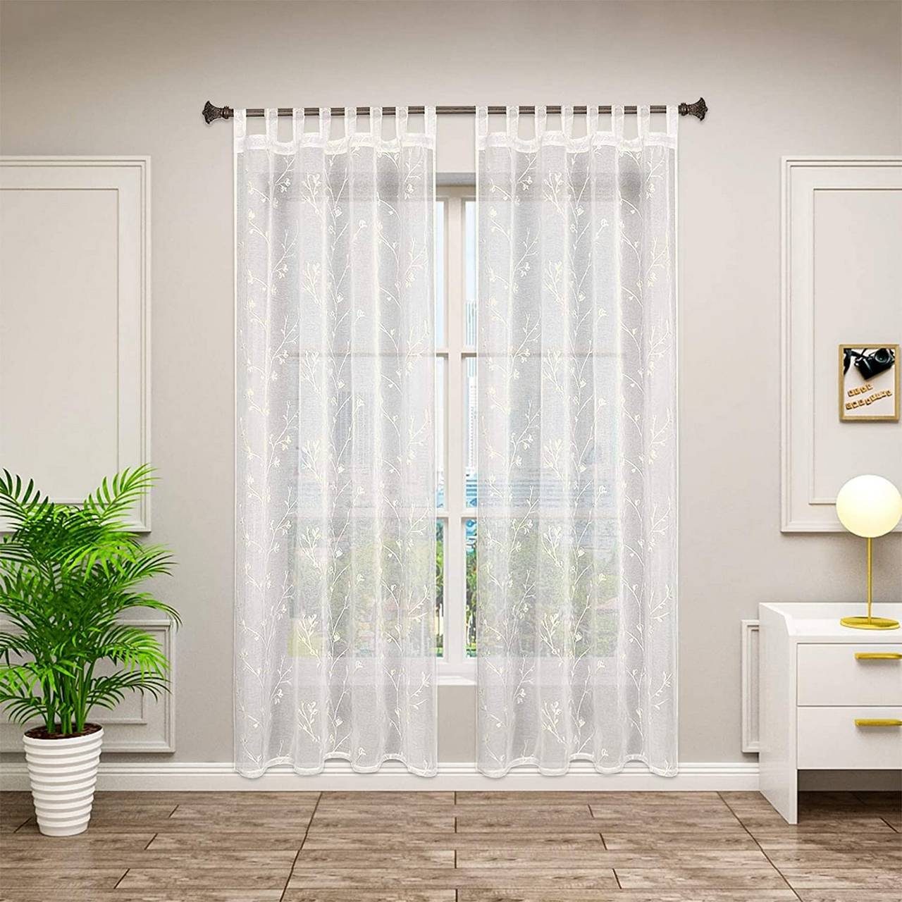 Offizielle japanische Versandhandelsseite Gardine, Woltu, (2 St), halbtransparent, Stickerei beige Schlaufen mit Blumen Leinen Optik