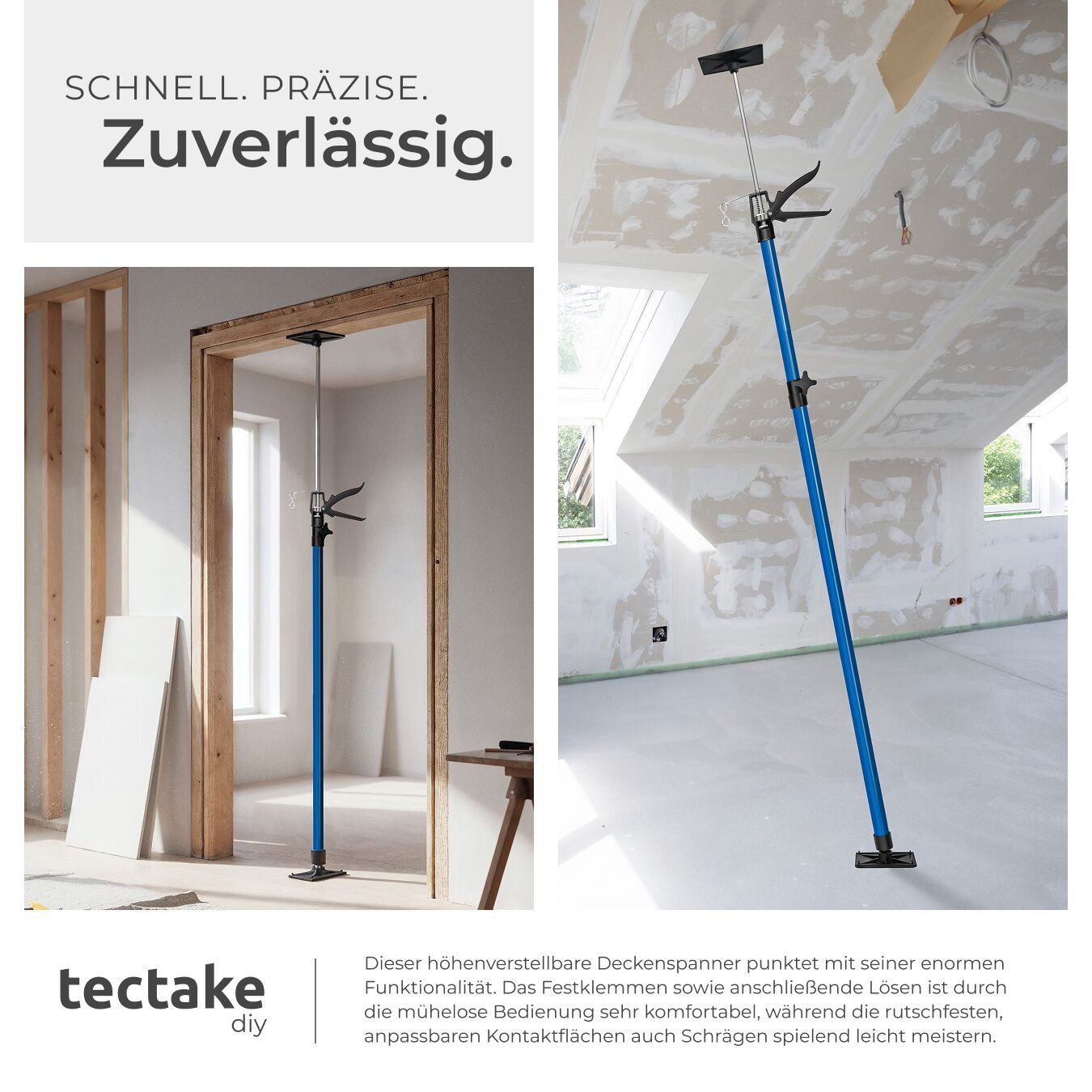 tectake Montageklemme 4er-Set Teleskopstütze, rutschfeste Auflageplatten mit Kugelgelenk, B: 7,00 cm, L: 18,00 cm, (Deckenstütze, in blau), Mit Schnellspannsyst – Bild 4 von 5
