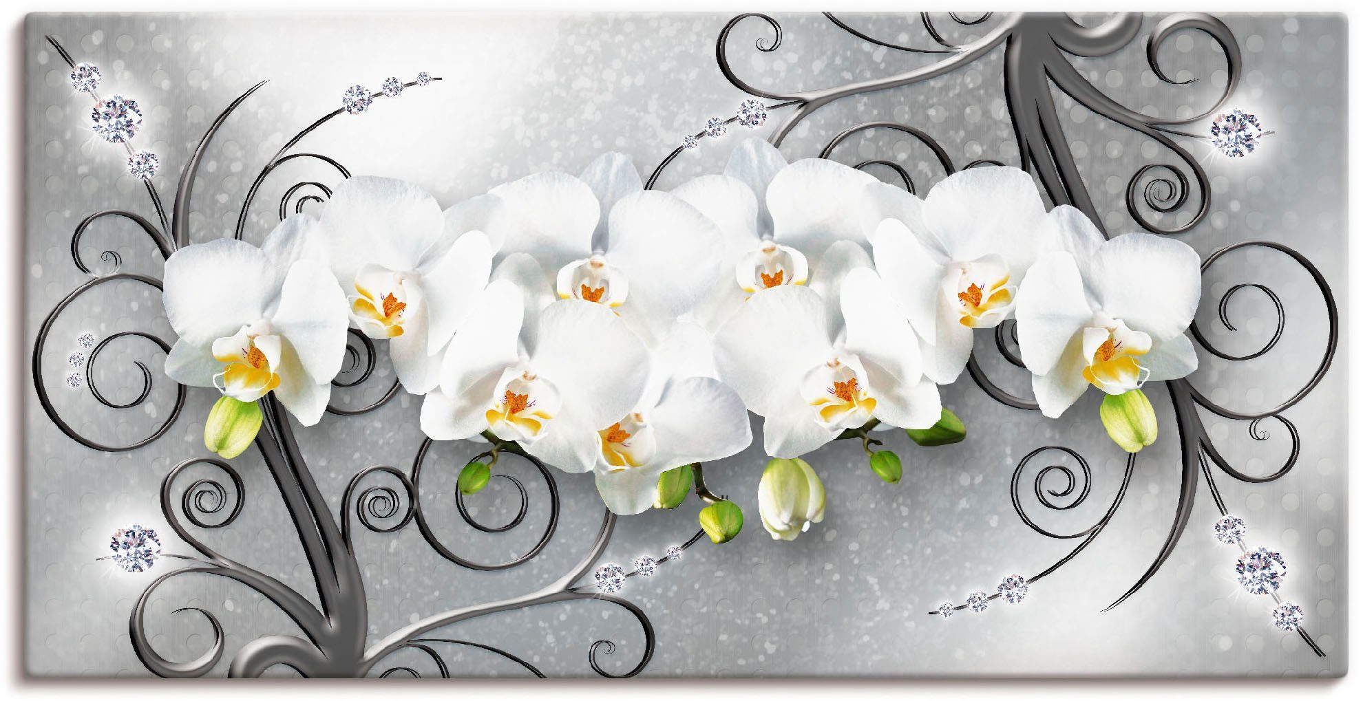 Artland Wandbild weiße Orchideen auf Ornamenten, Blumenbilder (1 St), als Alubild, Leinwandbild, Poster in verschied. Größen