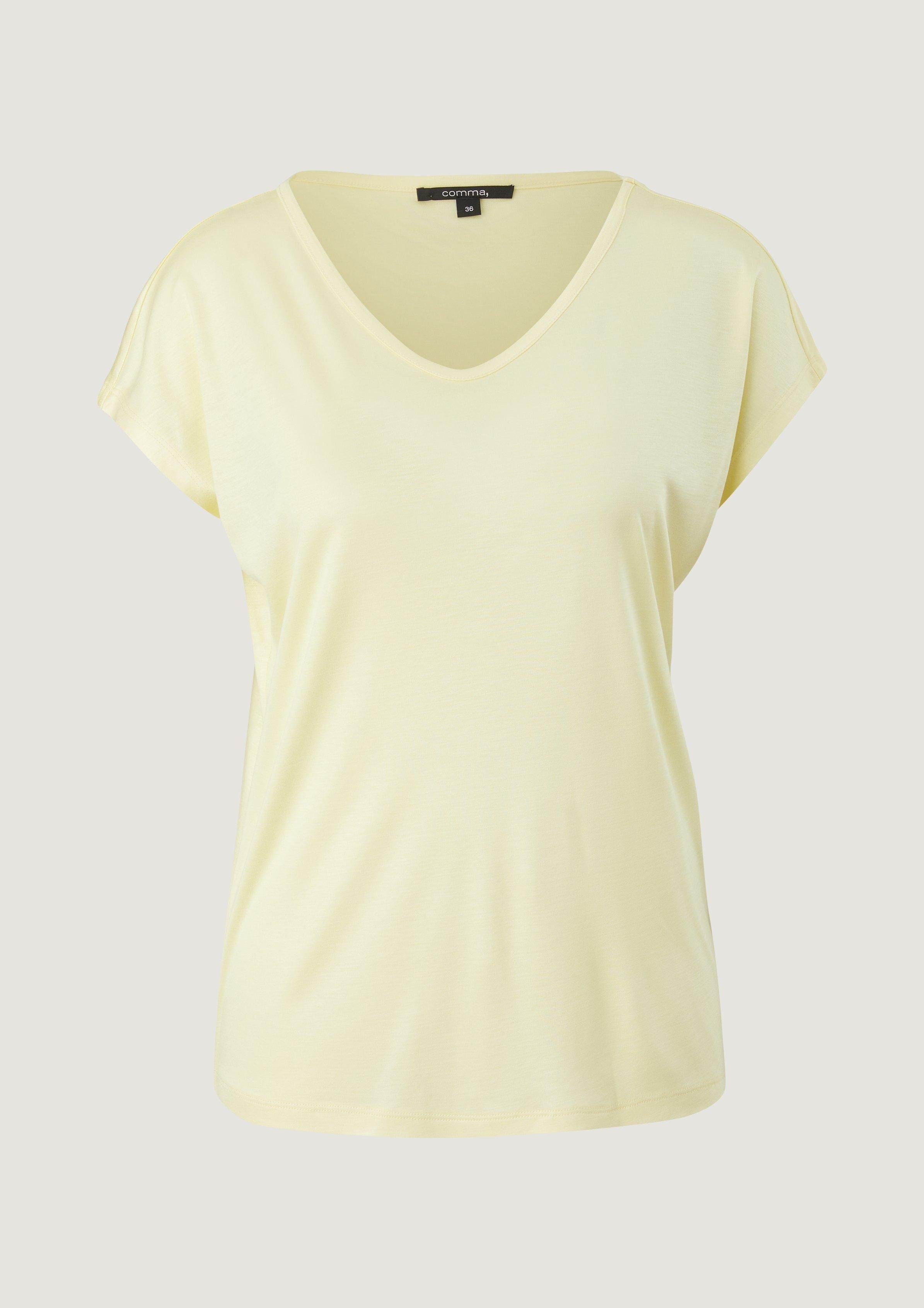 Comma Kurzarmshirt T-Shirt aus helles zitrone Stickerei satiniertem Jersey
