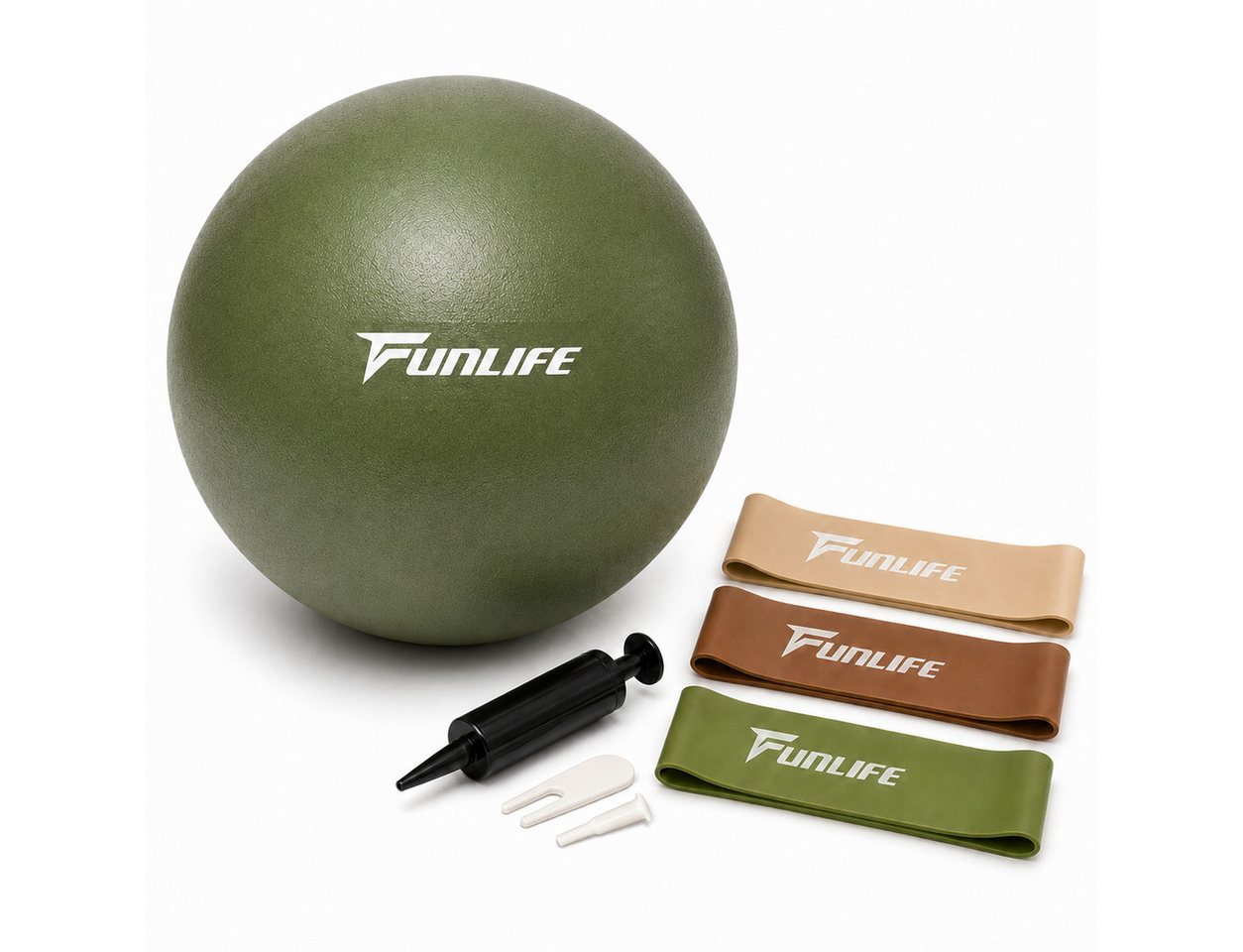 FunLife Pilatesball CORE 25 – einzeln oder mit 3 Widerstandsbändern (Pilatesball-Set, Verschlussstopfen, Pilatesball Ø 25 cm, Handpumpe), Griffige Oberfläche, Luftdruck individuell anpassbar