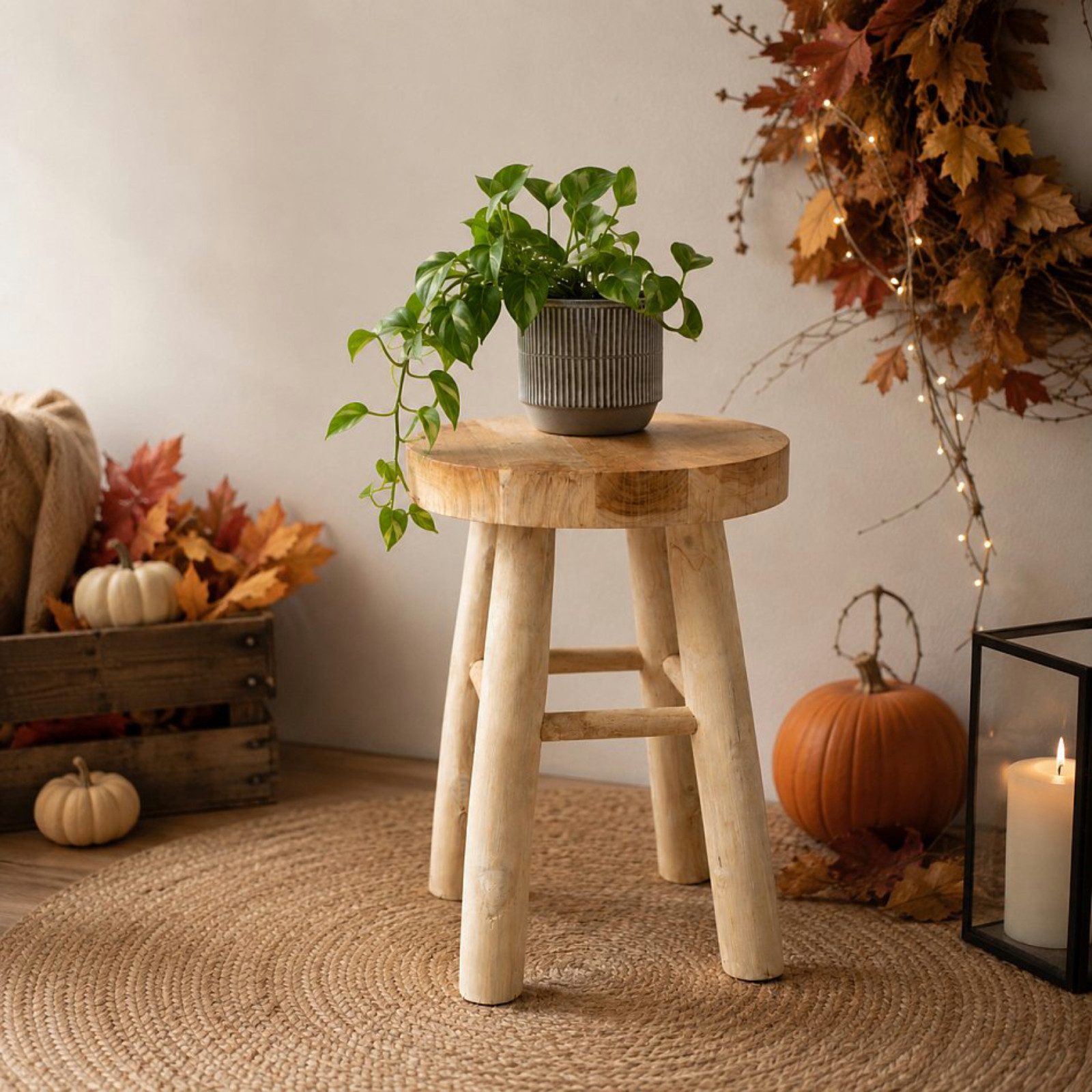 Koopman Blumenhocker SitzhockerTeakholz 42 cm Massiv Ø 30 cm Handmade Unperfekt (Stück, 1 St., Packung), Stabil, bis 70 Kg belastbar, fertig montiert, Schemel