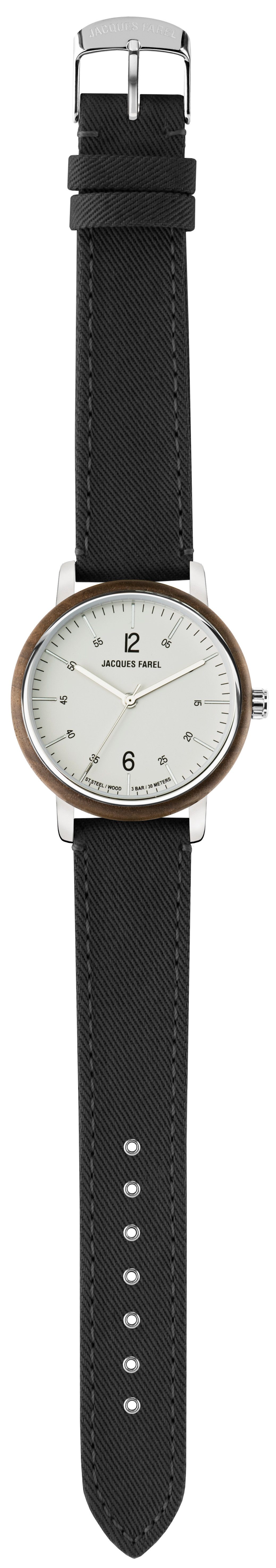 Jacques Farel Quarzuhr ORW1040 nachhaltige Damen Armbanduhr Stahlgehäuse Holzring Lyocellband 3 bar, Analog Schwarz Dunkelbraun ökologisch Geschenk Frauen Ø38 mm