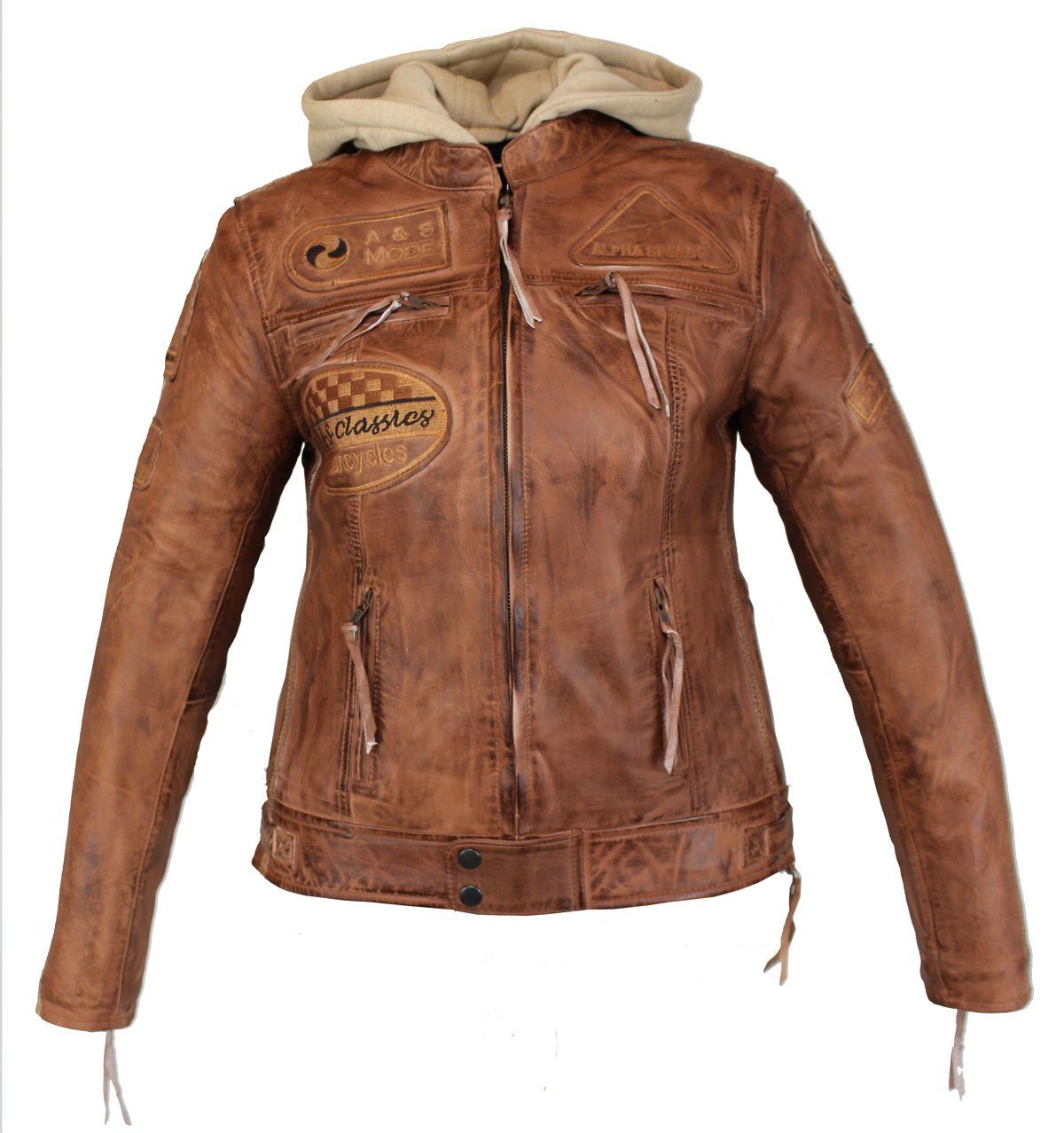 Alpha Speeds Motorradjacke Damen Leder Jacke Biker Freizeit Highway Jacke König Braun aus weichem Lammleder, mit Protektoren & Kapuze