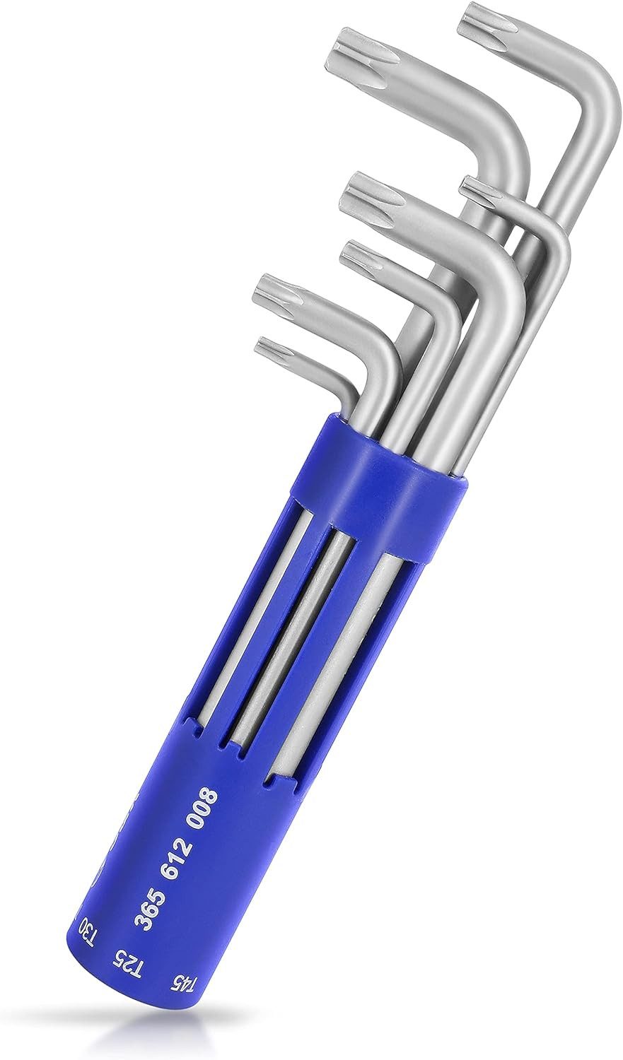 S&R Torxschlüssel Winkelschlüsselsatz für Torx-Schrauben in Zylinder-Kunststoffclip (Set, 8-tlg, gebohrt TX10-TX50), in Industriequalität aus gehärtetem Cr-V Stahl