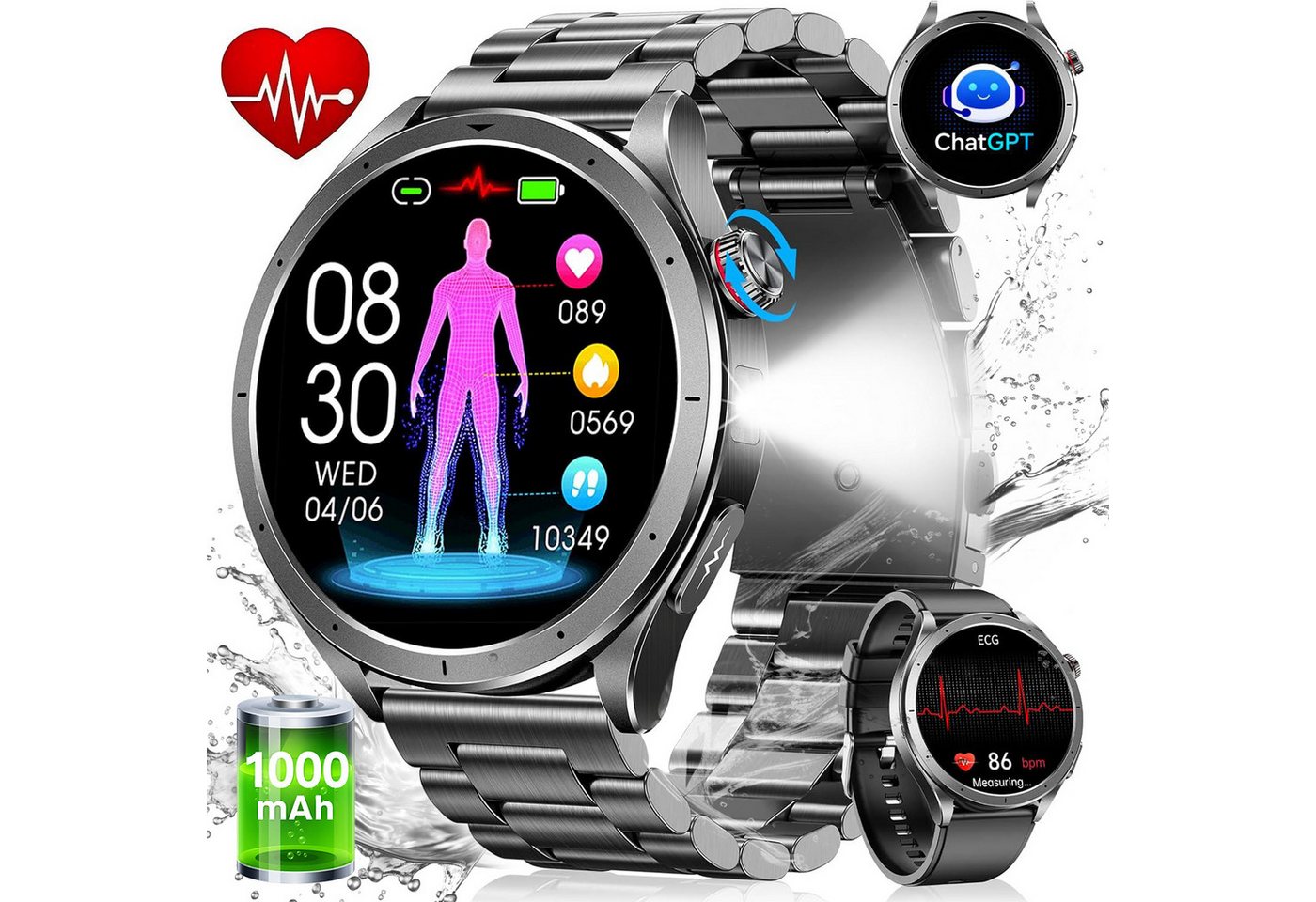 SWGOTA 2026 Neue Smartwatch Herren mit AI-ChatGPT/EKG+PPG/HRV/Körperanalyse/ Smartwatch 1000mAh Akuu 1,75″ Fitnessuhr mit Pulsuhr,Blutdruck,SpO2,Schlafmonitor, 100+ Sportmodi,AI-Gesundheitsanalyse,AI-Zifferblatt,IP68