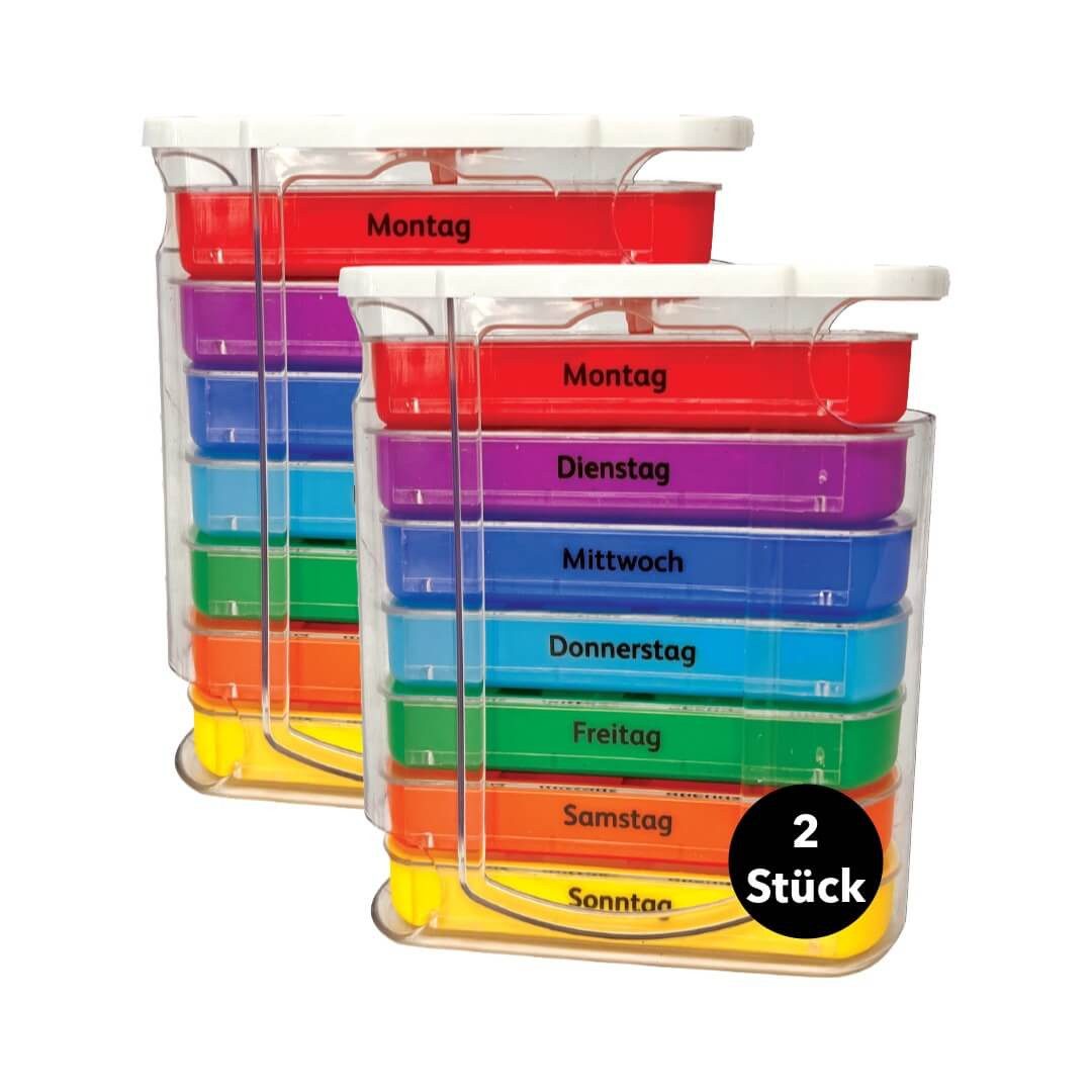 IEA Medical Pillendose Medikamentenbox 2er Set 7 Tage – Tablettenbox mit 4 Fächern pro Tag (2 St), 2er Set für 14 Tage Planung oder getrennte Nutzung