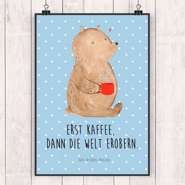 Mr. & Mrs. Panda Poster DIN A3 Bär Kaffee - Blau Pastell - Geschenk, Coffee, Teddy, Bild, Rau, Bär Kaffee (1 St), Lebensfrohes Design