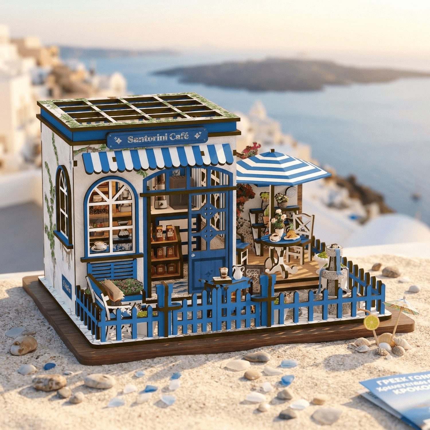 MagicHolz 3D-Puzzle Santorini Café Diorama aus Holz, 317 Puzzleteile, mit LED-Beleuchtung
