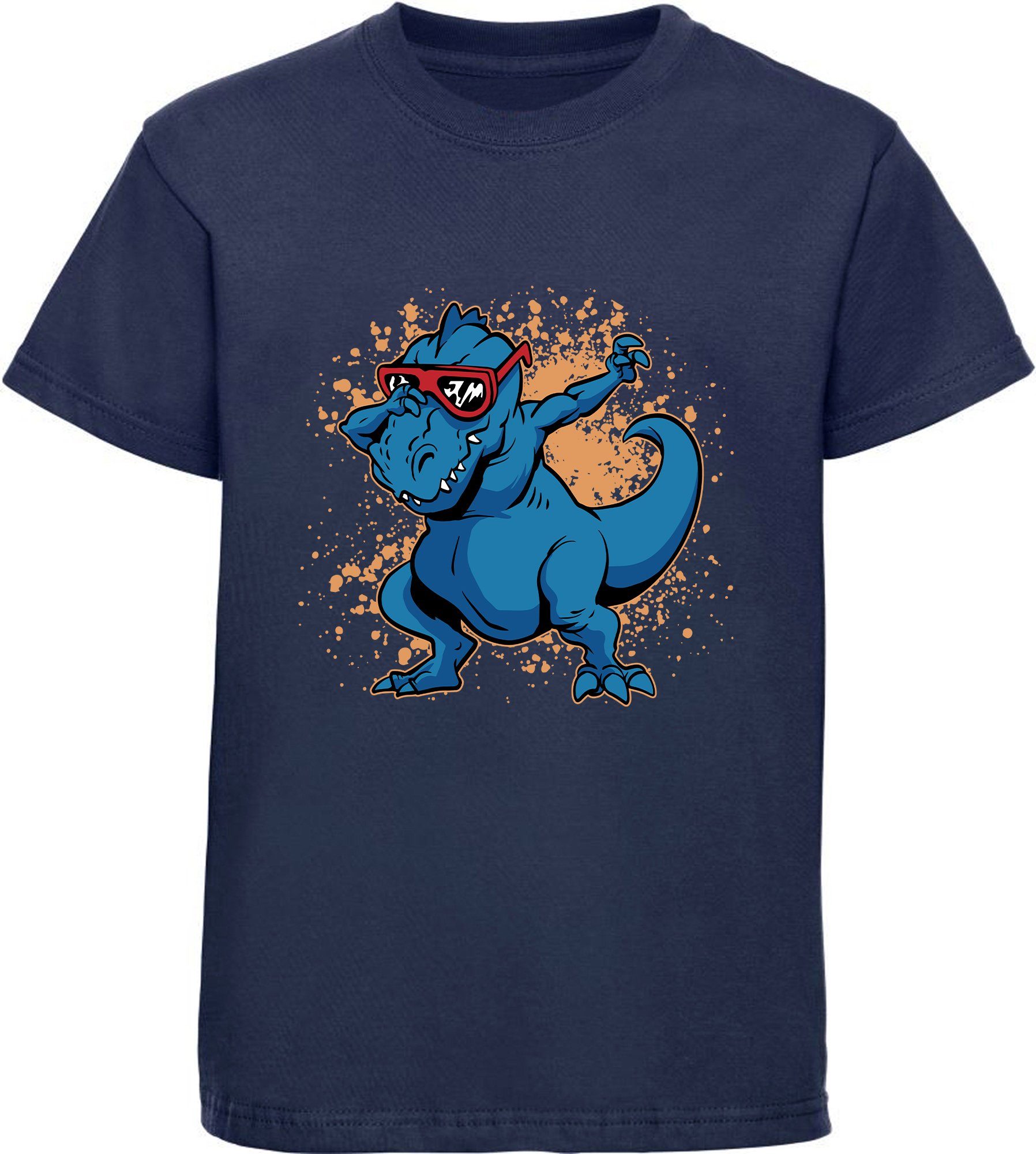 MyDesign24 T-Shirt bedrucktes Kinder T-Shirt T-Rex mit Brille am tanzen 100% Baumwolle mit Dino Aufdruck, navy blau i49
