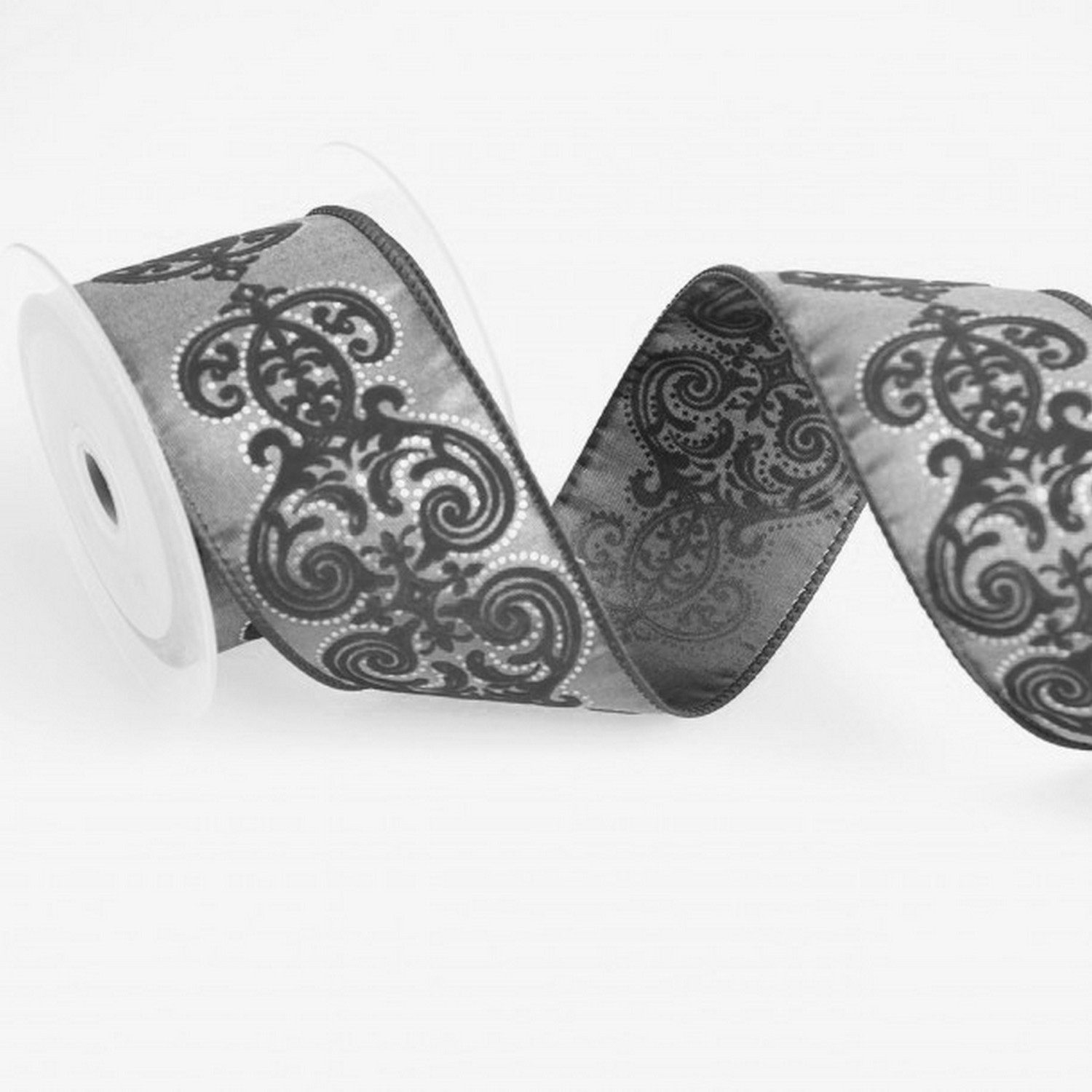 Deko AS Geschenkband Seidiges Band mit Samt-Ornamenten grau-schwarz 65mm 10m 93104-65-10-90, mit Drahtkante