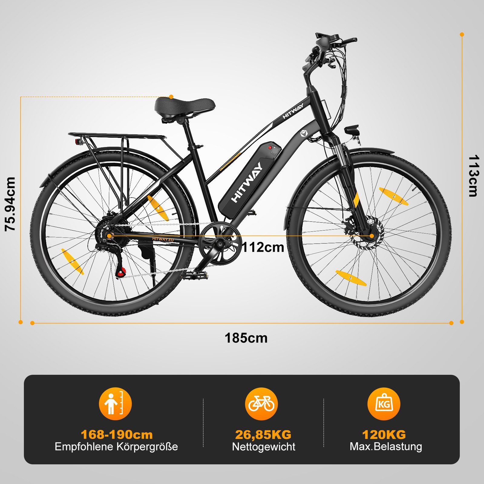 HITWAY E-Bike Cityrad 28 Zoll Elektrofahrrad für Damen Herren bis 50-100km 13Ah Akku, 7 Gang shimano shimano Schaltwerk, Kettenschaltung, Heckmotor, 468 Wh, Pedelec E-Citybike für Erwachsener 170-190cm, mit Schloss, Pumpe