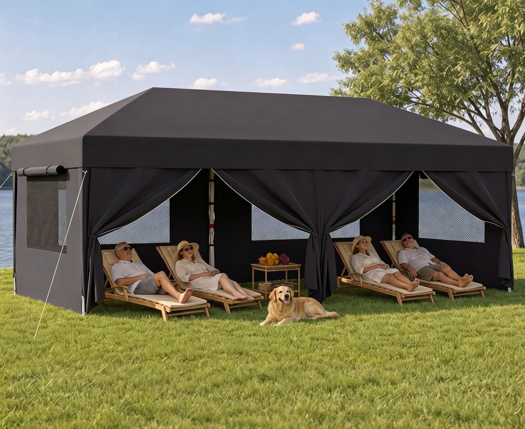 GUNJI Pavillon 3x3/3x6 m Gartenpavillon mit 4 seitenteilen Pop Up Pavillon UV-Schutz, (Schneller Aufbau, Abnehmbare Wände + Insektenschutz, 4 Sandsäcke dabei, Für Camping & Picknick geeignet)