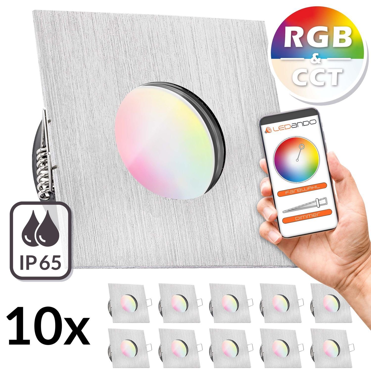 LEDANDO LED Einbaustrahler 10er IP65 RGB CCT LED Einbaustrahler Set extra flach in aluminium gebü