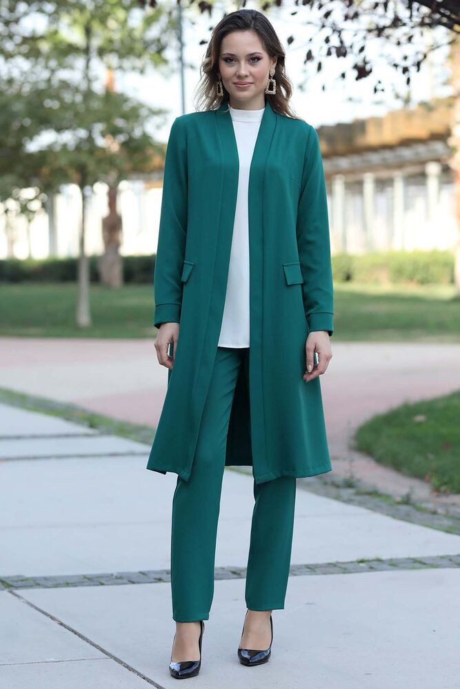 Modavitrini pantsuit two-piece women's suit long-sleeved long blazer with trousers modest fashion (suit set) open front without closure