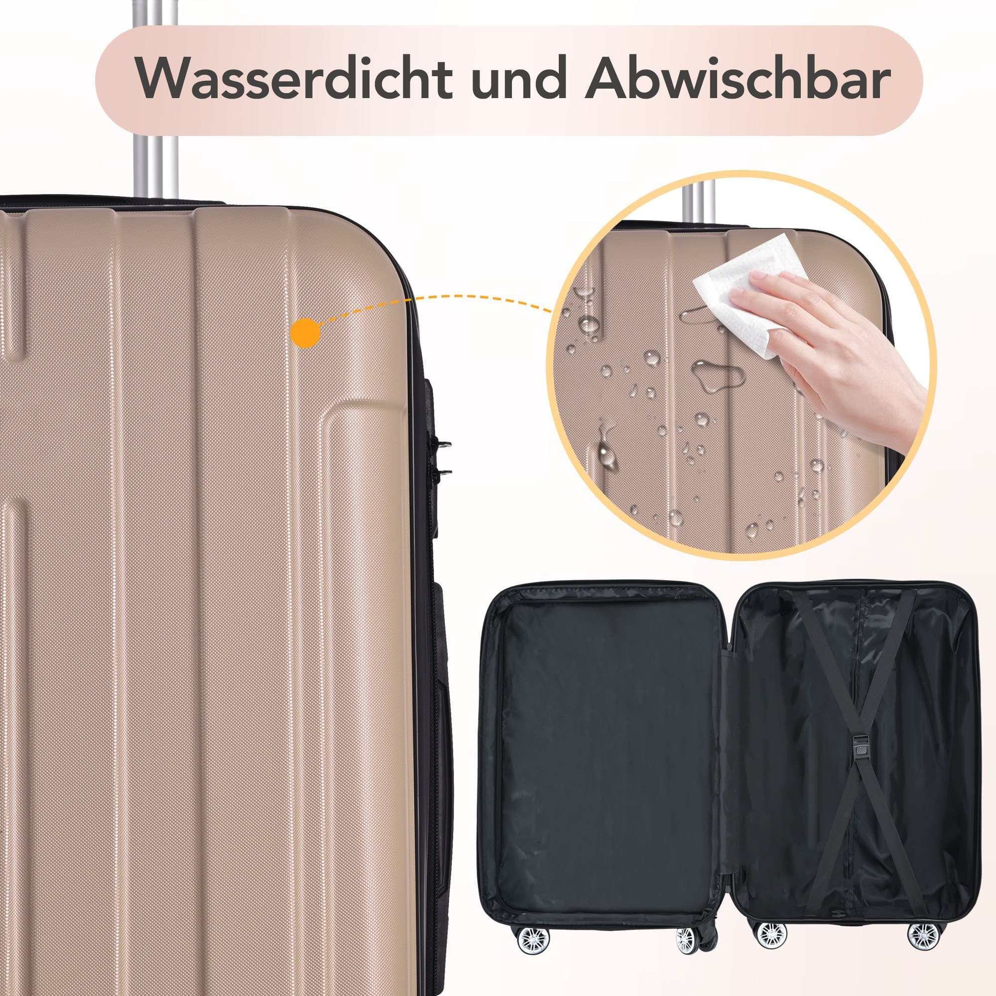 Flieks Hartschalen-Trolley, 4 Koffer Reisekoffer Handgepäck Hartschalen Volumenerweiterung Champagner Trolley Rollen