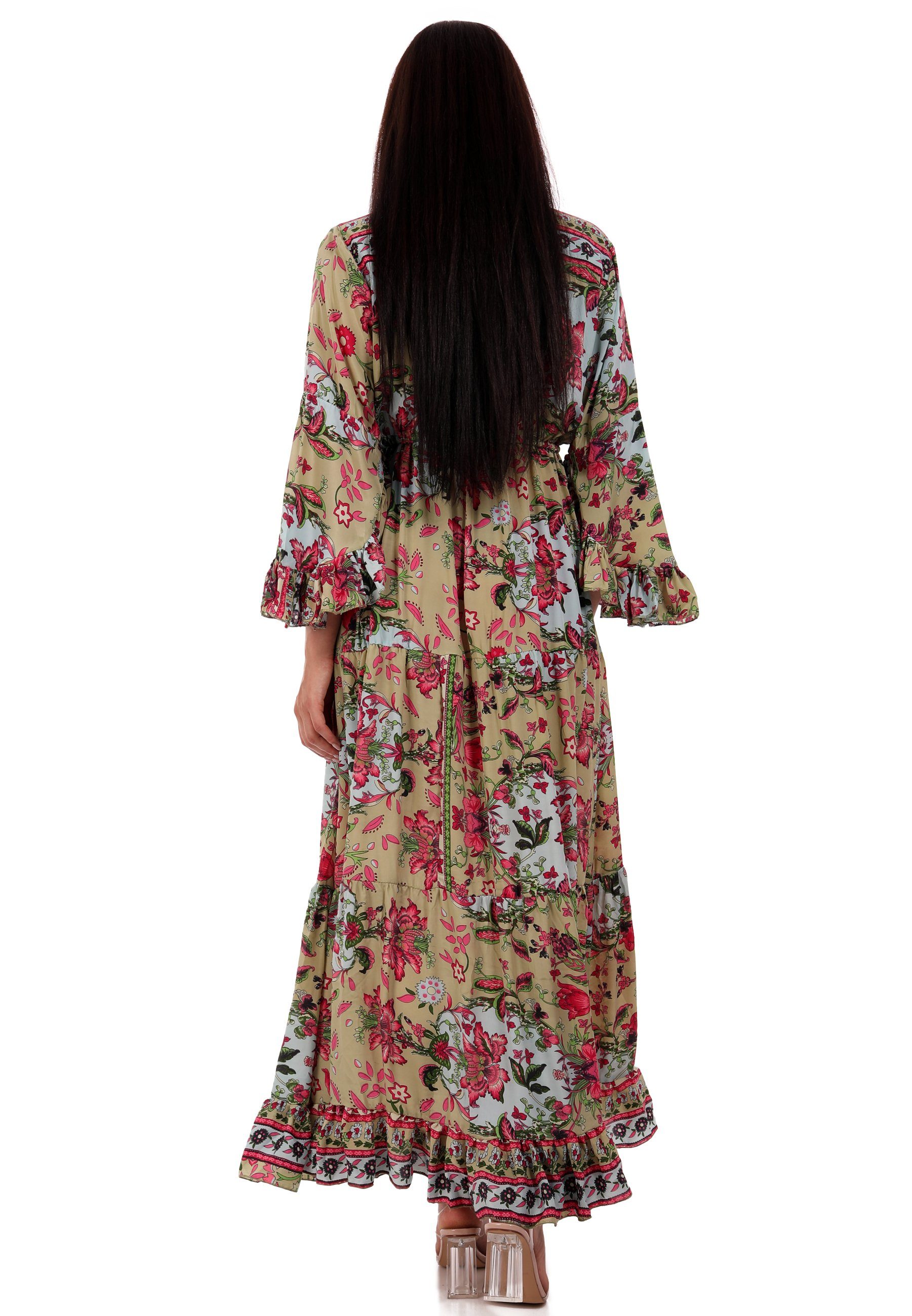 Damen Kleider YC Fashion & Style Maxikleid Bohemian Maxikleid mit V-Ausschnitt Hippiekleid (1-tlg) mit Volant, mit Blumendruck