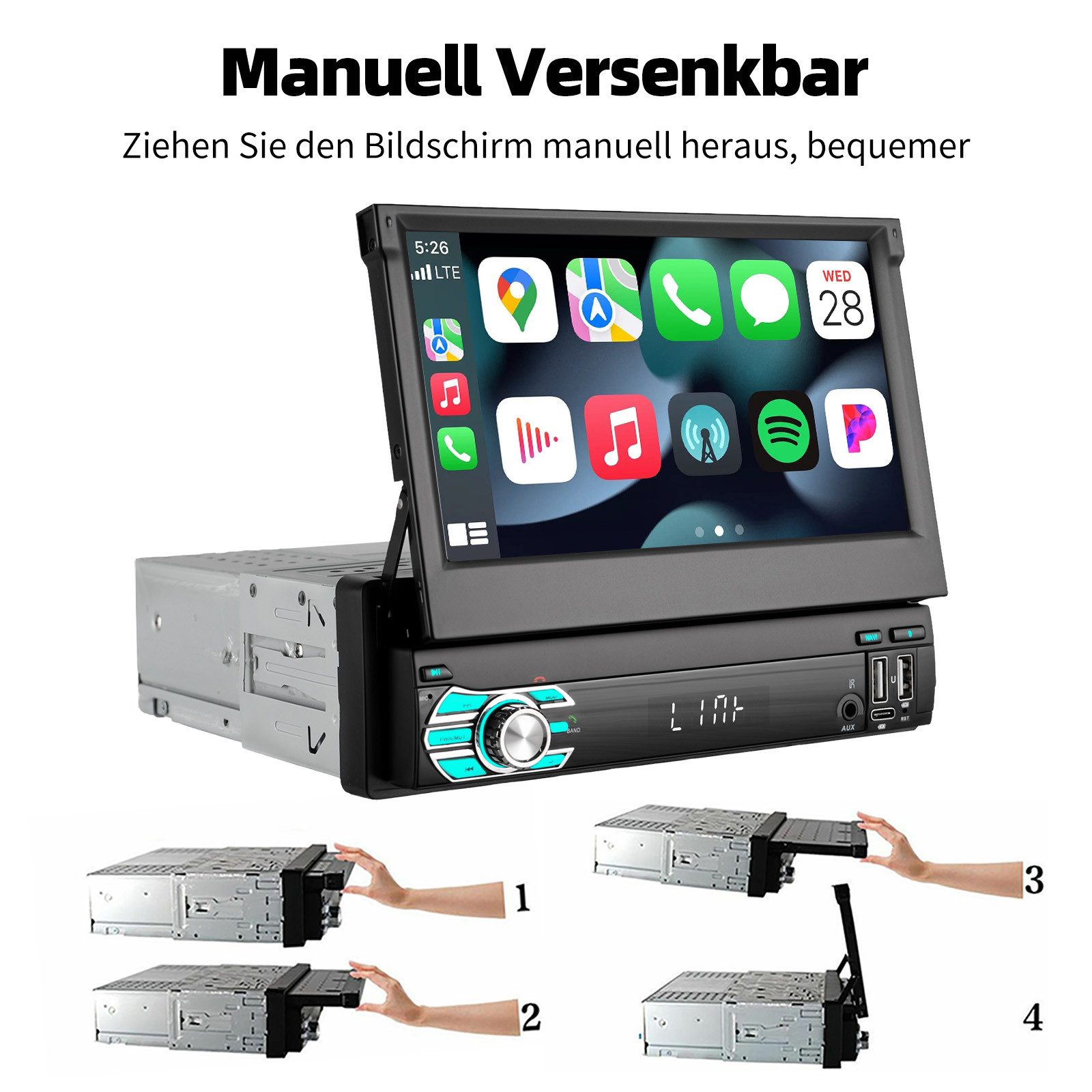 ESSGOO DAB+ 4+64G 1 DIN 7'' Flip Out Android 15/16 Carplay Autoradio GPS WIFI Navigationsgerät (Apple Carplay Android Auto GPS Navi WIFI BT EQ) – Bild 5 von 5