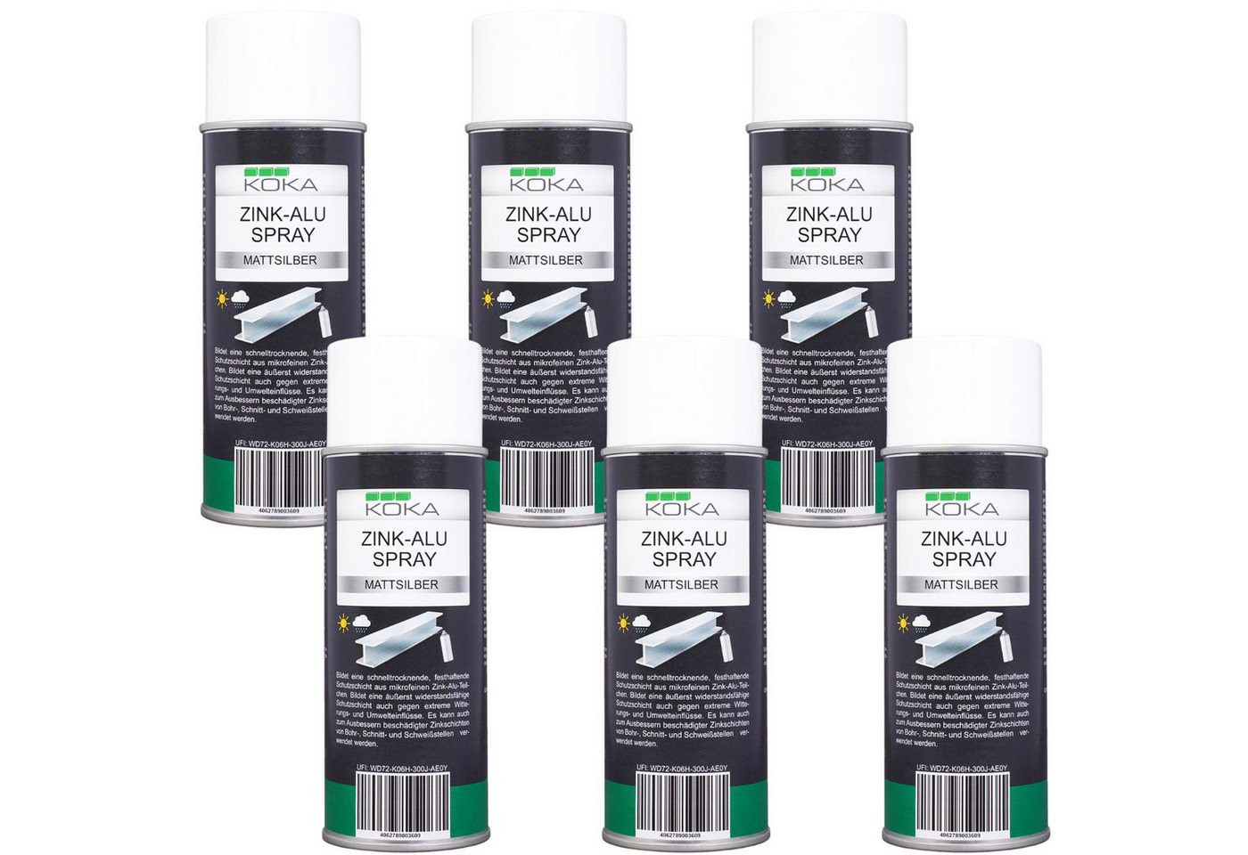 Thumbnail - KOKA Sprühlack-Grundierung 6x Zinkspray Zink Alu Spray Hell Silber Matt, 8x 400ml, 8-tlg., 8x 400ml, Rostschutz Korrosio...