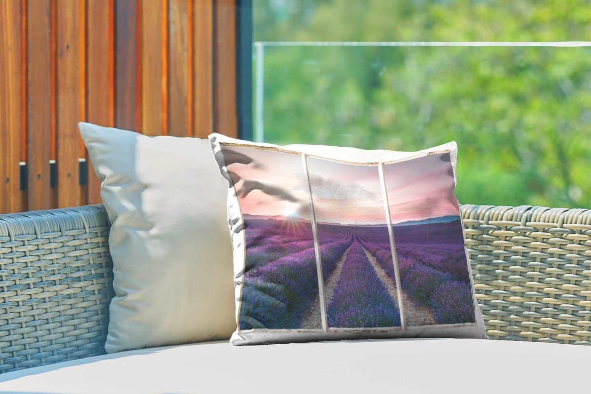 Kissenhülle Dekokissen - Lavendel Sonnenuntergang, MuchoWow Polyester, Dekokissenbezug, Outdoor-Dekorationskissen, - Ausblick